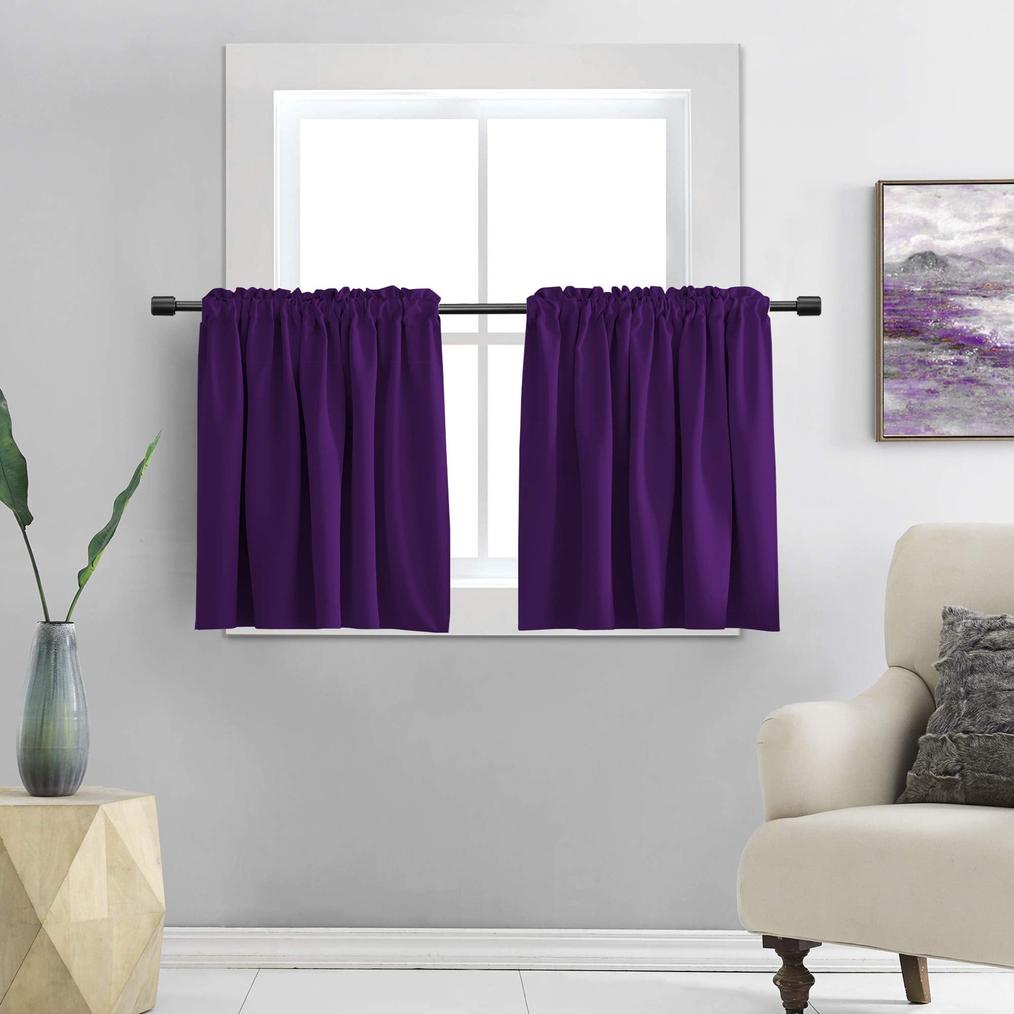 DONREN Royal Purple Small Window Room Darkening Curtain Tiers - Thermal Insulated Window Treatment Rod Pocket Curtains (30 by 36