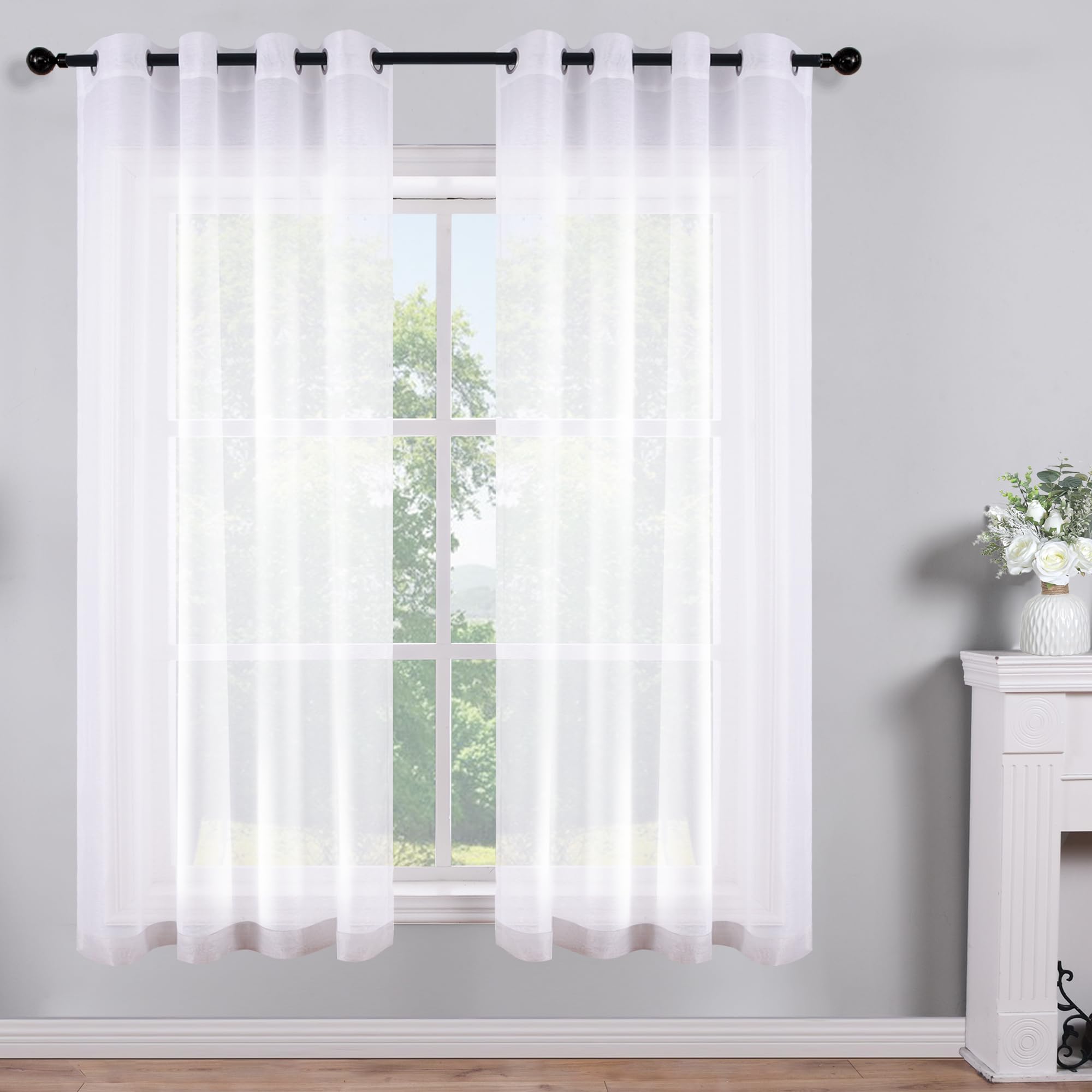 White Short Sheer Curtains 45 Inch Length for Small Windows Grommet 2 Panels Set Solid Faux Linen Gauze Voile Drapes Window Semi