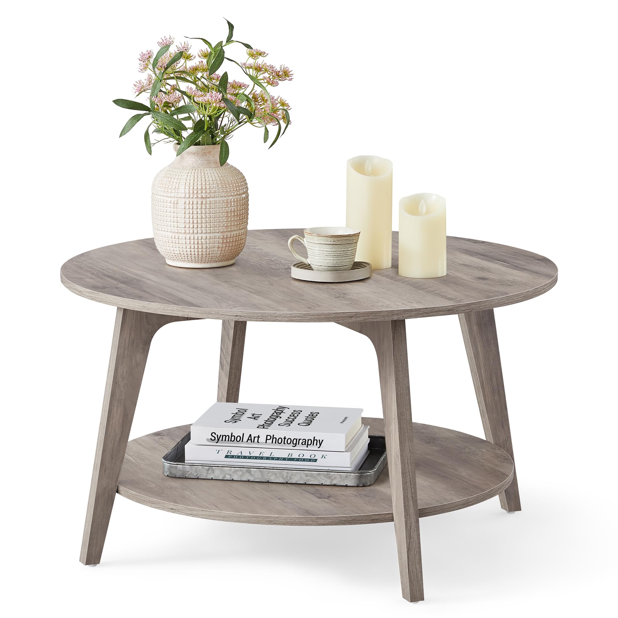 VASAGLE Round Coffee Table, 2 Tier Coffee Table with Storage, for Living Room, 31.5 x 17.7 Inches, Easy to Assemble, Heather Gre