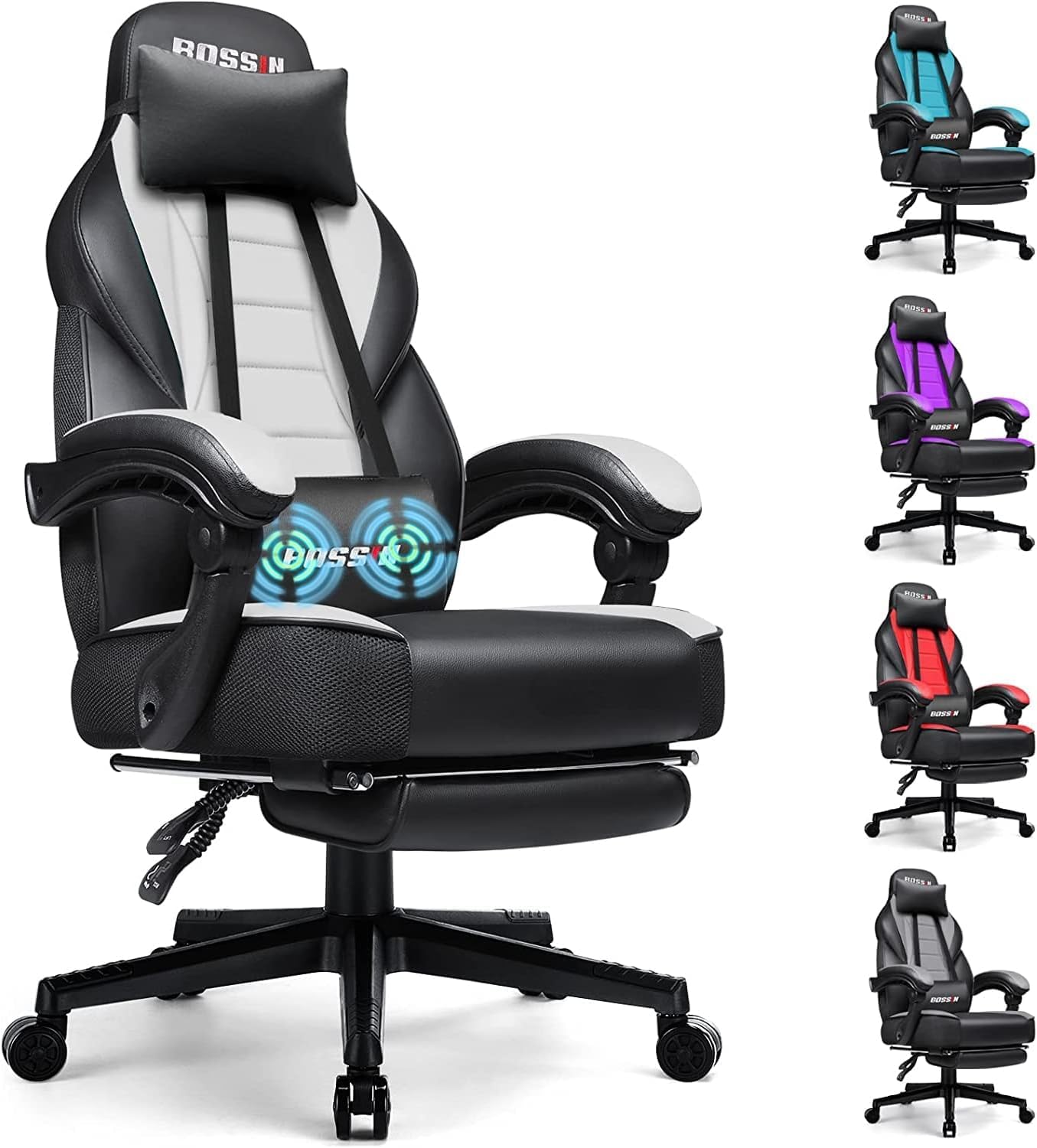 BOSSIN Big and Tall Gaming Chair with Footrest and Massage, 400lb Weight Capacity, Ergonomic Heavy Duty Chair with Large Size Se