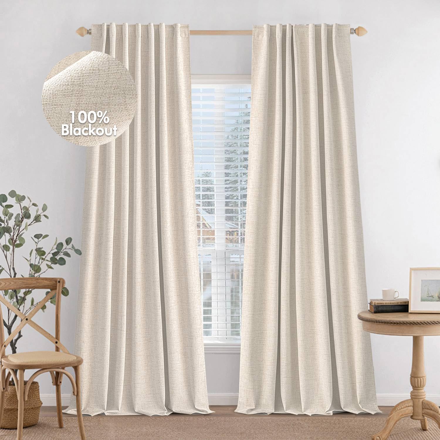 MIULEE 100% Blackout Curtains 84 inches Long 2 Panels Set Linen Curtains & Drapes for Bedroom Back Tab Living Room Darkening Ful