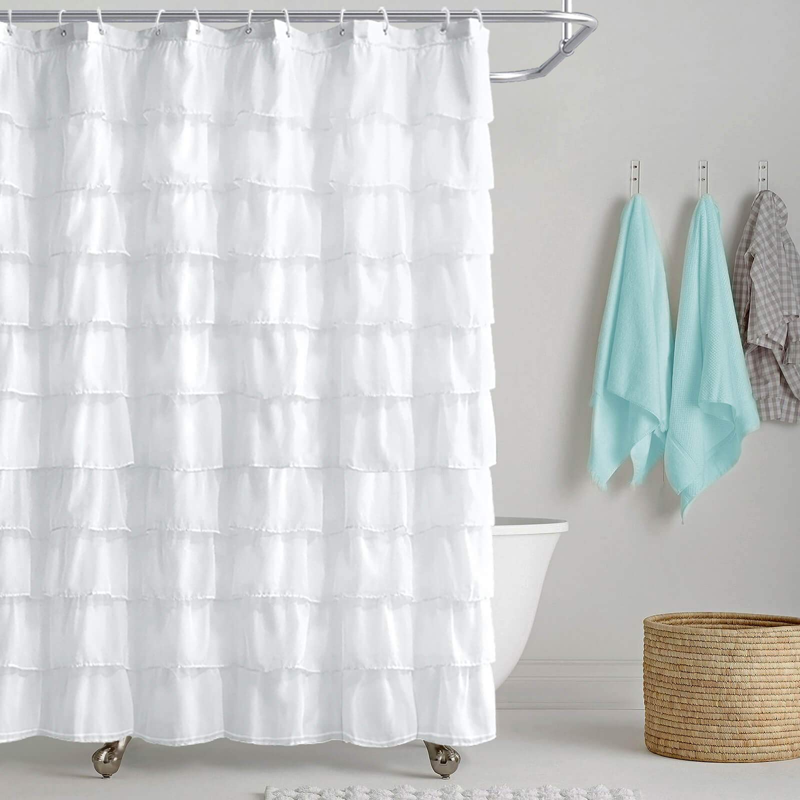 Reisen White Shower Curtain Farmhouse Ruffle Fabric for Bathroom Sheer Shower Curtain 72 in Long