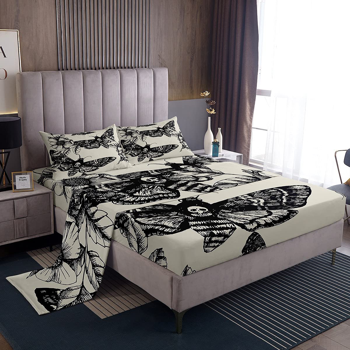 Feelyou Gothic Skull Bedding Set Decorative Death Moth and Flowers Sheet Set Twin Size for Kids Teens Adults Bedroom Decor Breat