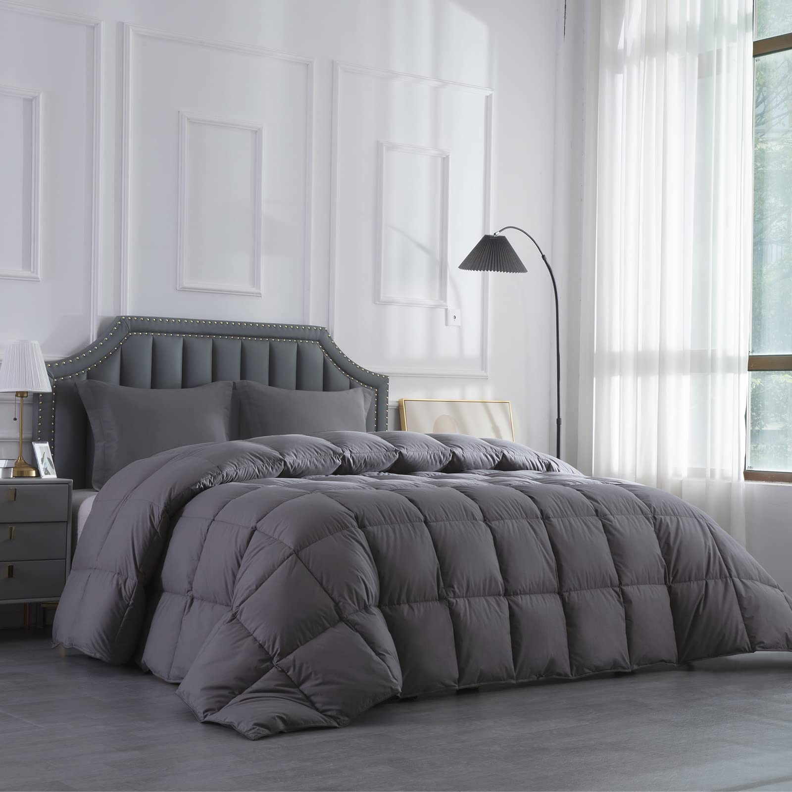 HOMBYS Feather and Down Comforter, Oversized King Comforter 120 x 120, Grey Extra Large Duvet Insert for All Season, 100% Cotton