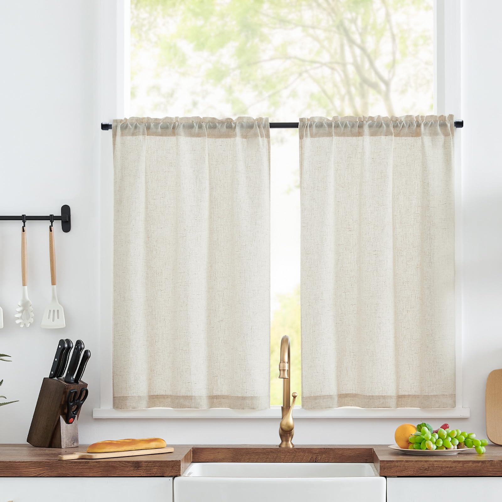 jinchan Beige Kitchen Curtains Linen Tier Curtains 36 Inch Farmhouse Cafe Drapes for Small Window Flax Country Rustic Rod Pocket