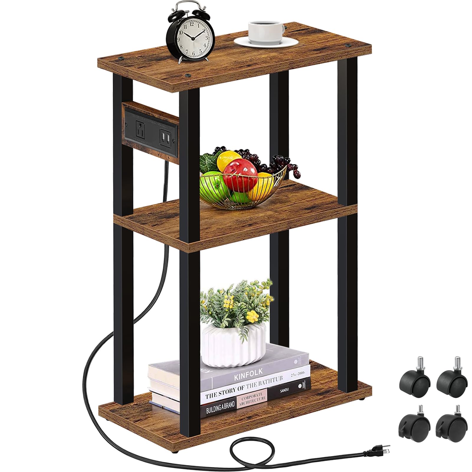 TUTOTAK Small Narrow Side Table with Charging Station, Skinny End Table for Small Spaces, Slim Nightstand with USB Ports and Out