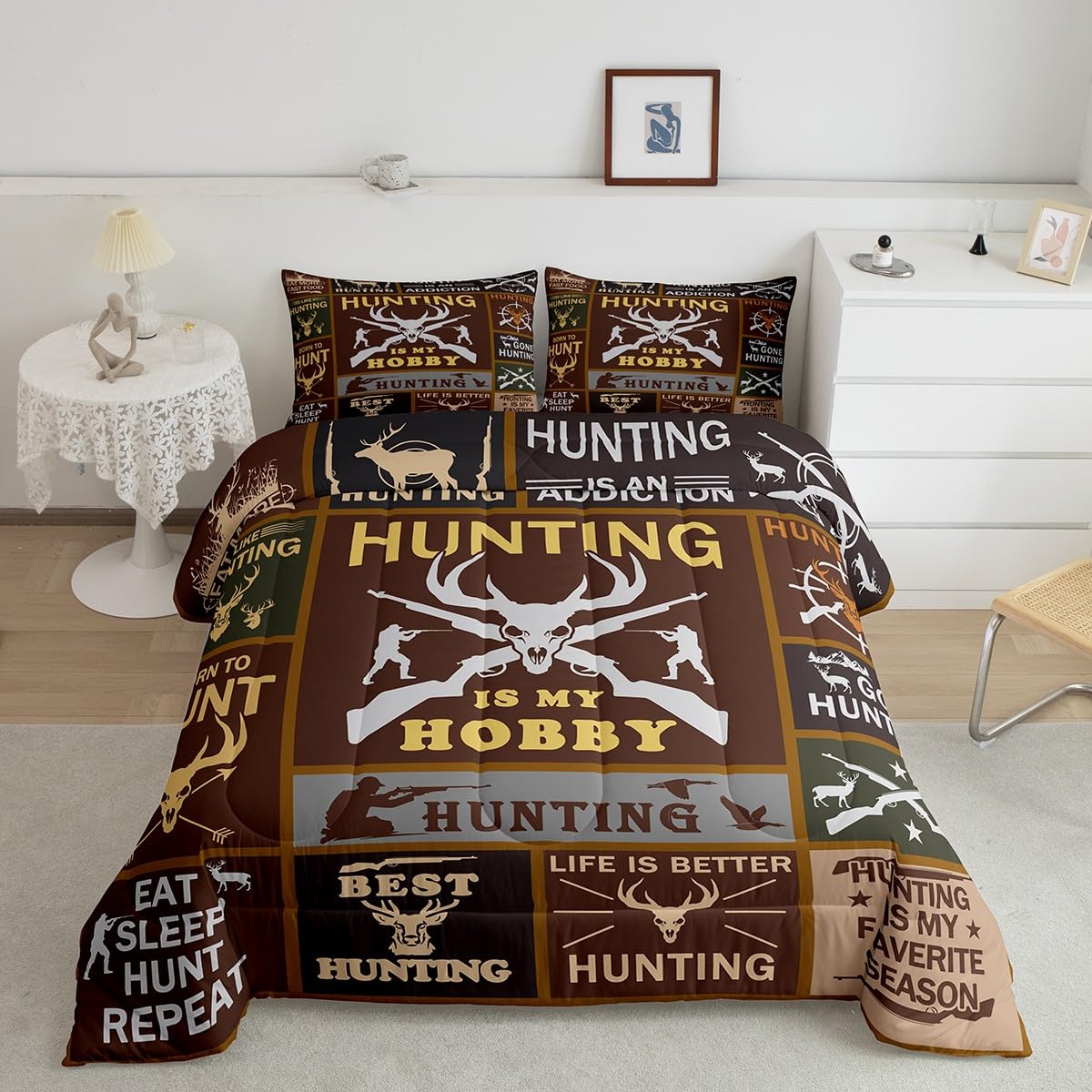 Feelyou Deer Hunting Comforter Full Size for Kids Hunting Gifts Comforter Set Boys Girls Deer Antlers Comforter Farmhouse Duvet 