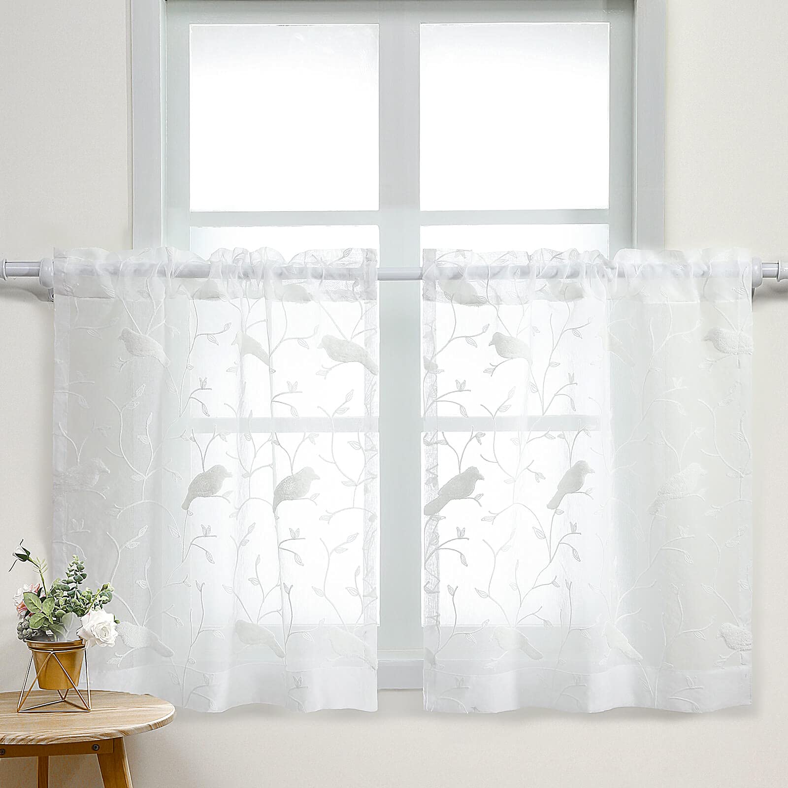 VOGOL Tier Curtains for Living Room, White Rod Pocket Sheer Window Curtain Tier Pair 36 Inch Long Panel Drapes for Small Windows