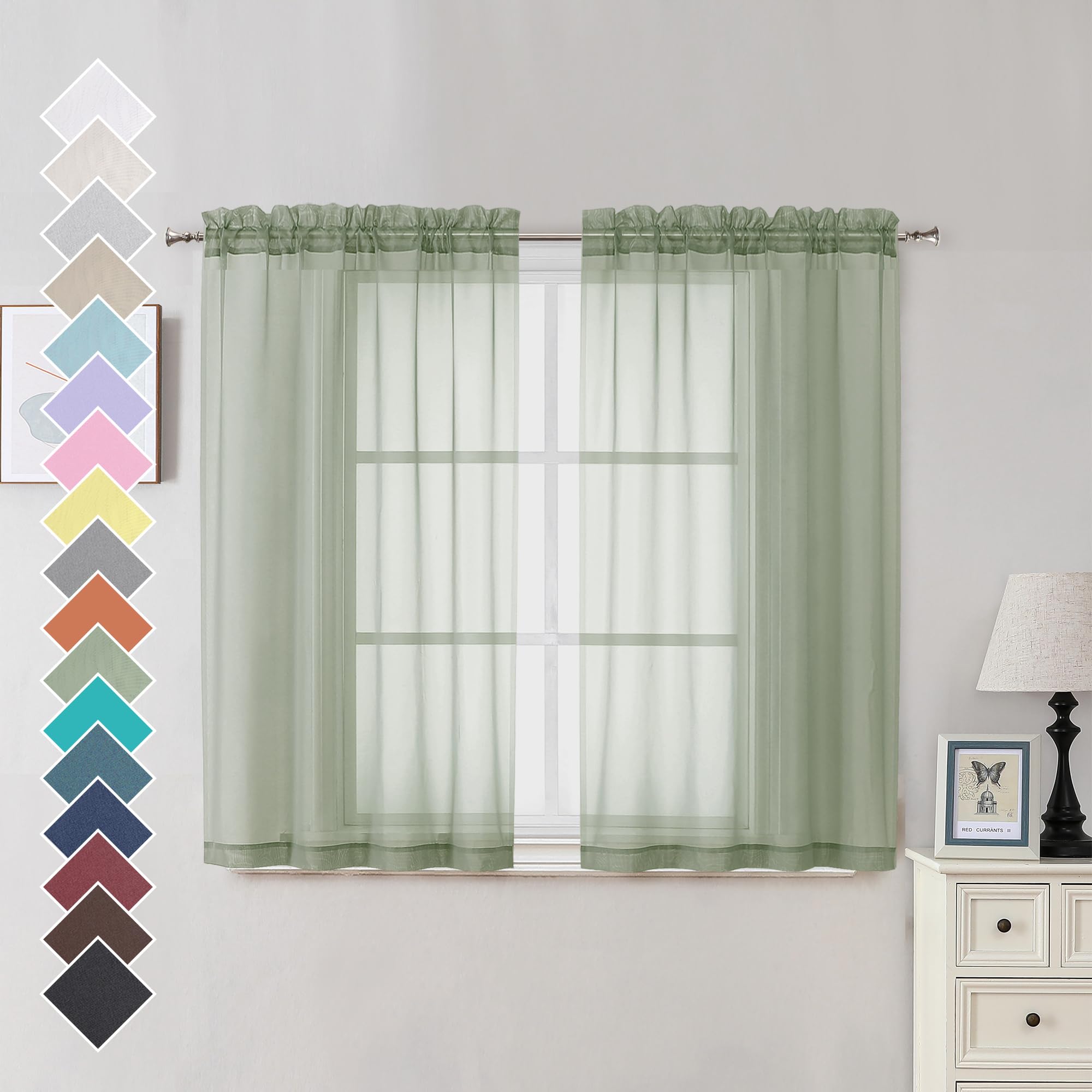 OVZME 2 Panels Window Sage Green Sheer Curtains 42 x 45 Inches for Small Windows, Soft Touching Top Dual Rod Pocket Drapes for L