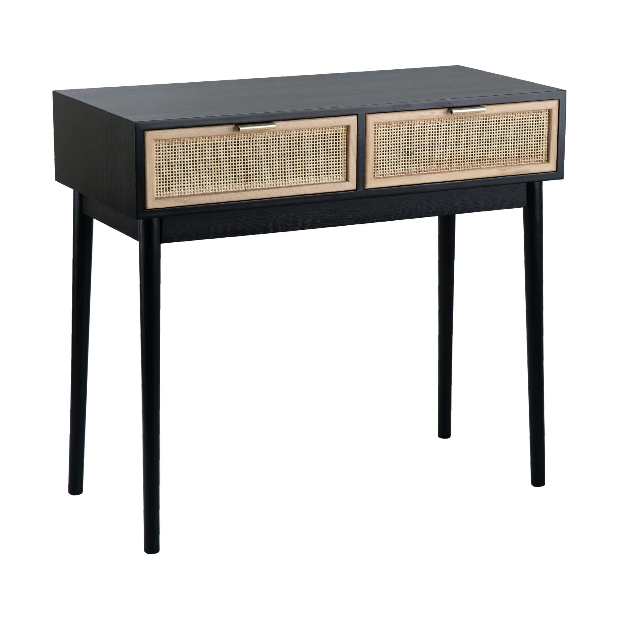 Benjara Ela 35 Inch 2 Drawer Wood Console Table, Woven Rattan Panels, Brown and Black