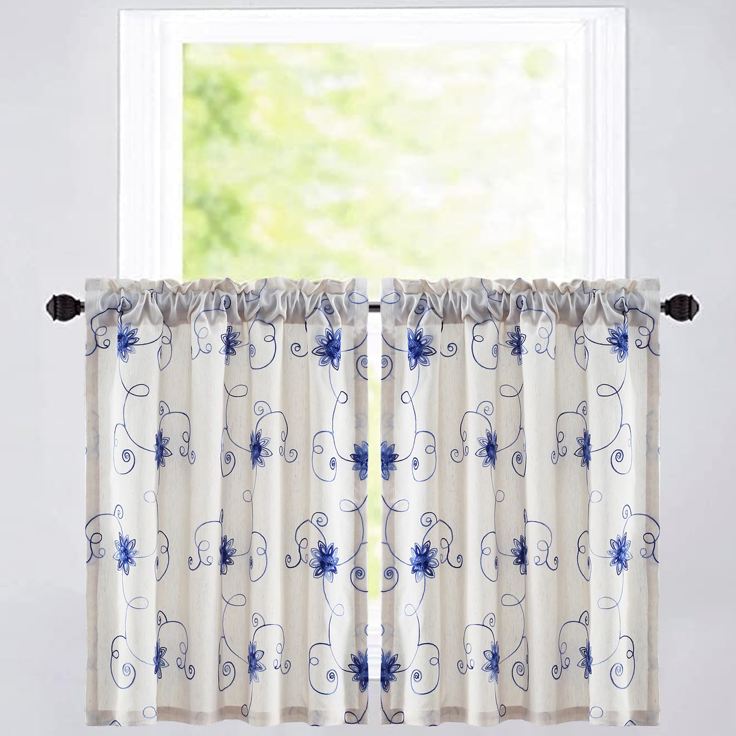 VOGOL Tiers Kitchen Curtains 36 Inch Length Small Cafe Curtain Panels for Bathroom Laundry Room Basement Rod Pocket Blue Flower 