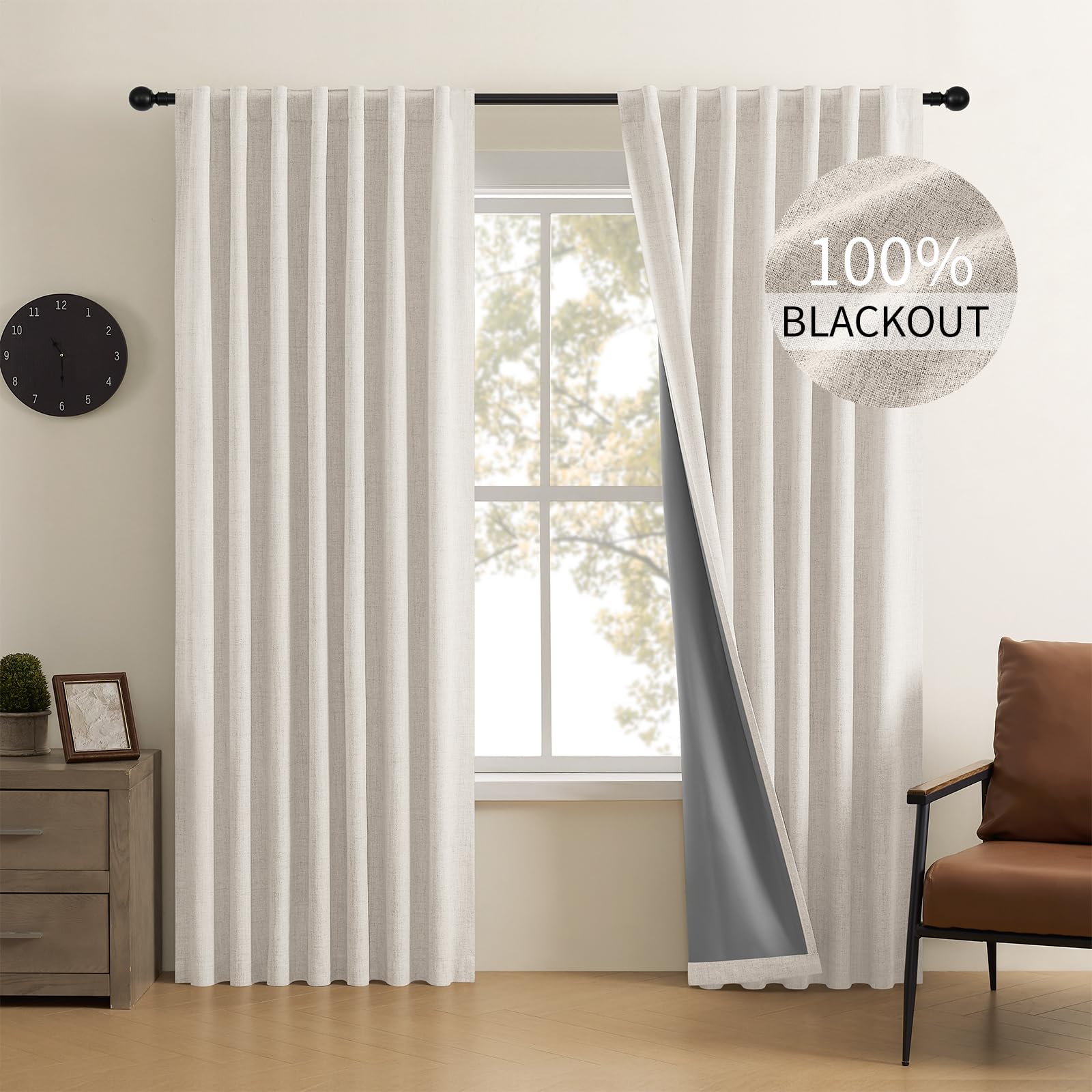 CUCRAF 100% Blackout Back Tab and Rod Pocket Curtains 63 Inch Length 2 Panels Set, Greyish White Linen Curtain for Living Room B