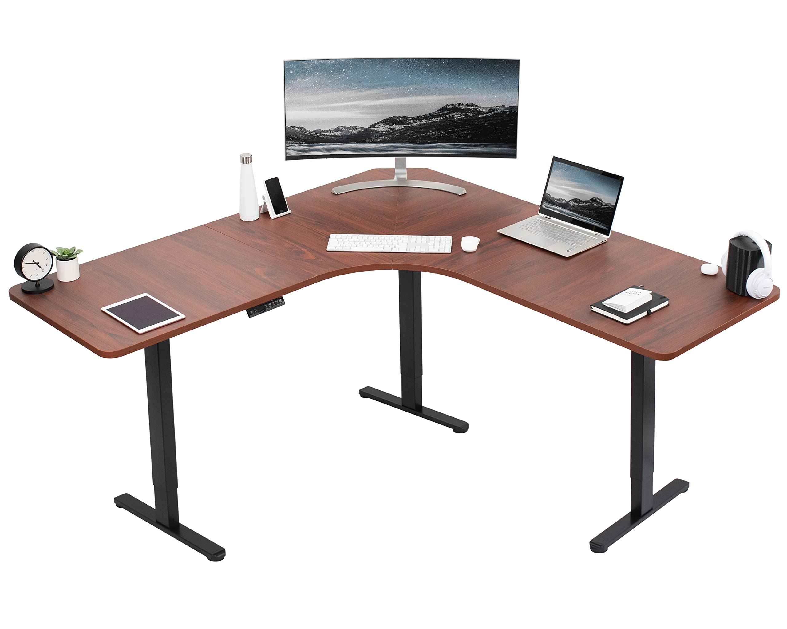 VIVO Electric Height Adjustable 71 x 71 inch Curved Corner Stand Up Desk, Dark Walnut Table Top, Black Frame, Memory Controller,