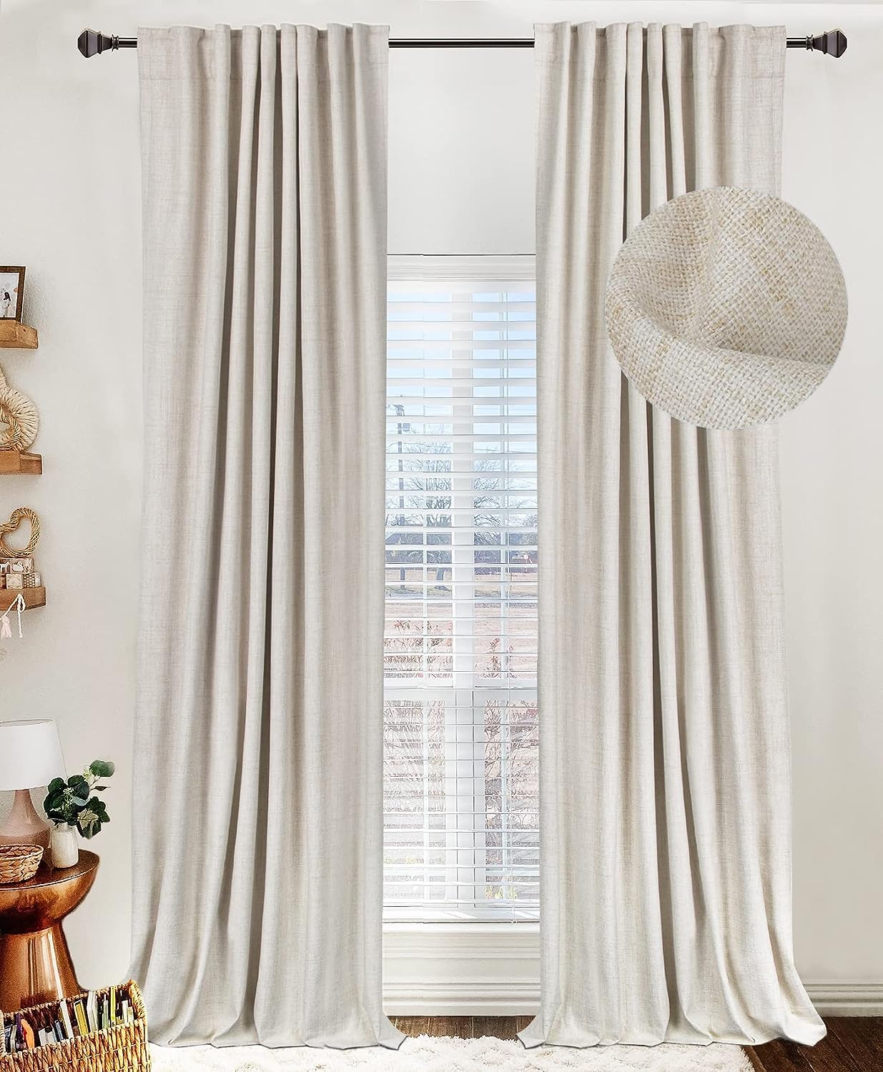 100% Blackout Shield Linen Blackout Curtains for Bedroom 63 Inches Long,Back Tab/Rod Pocket Living Room Drapes,Thermal Insulated
