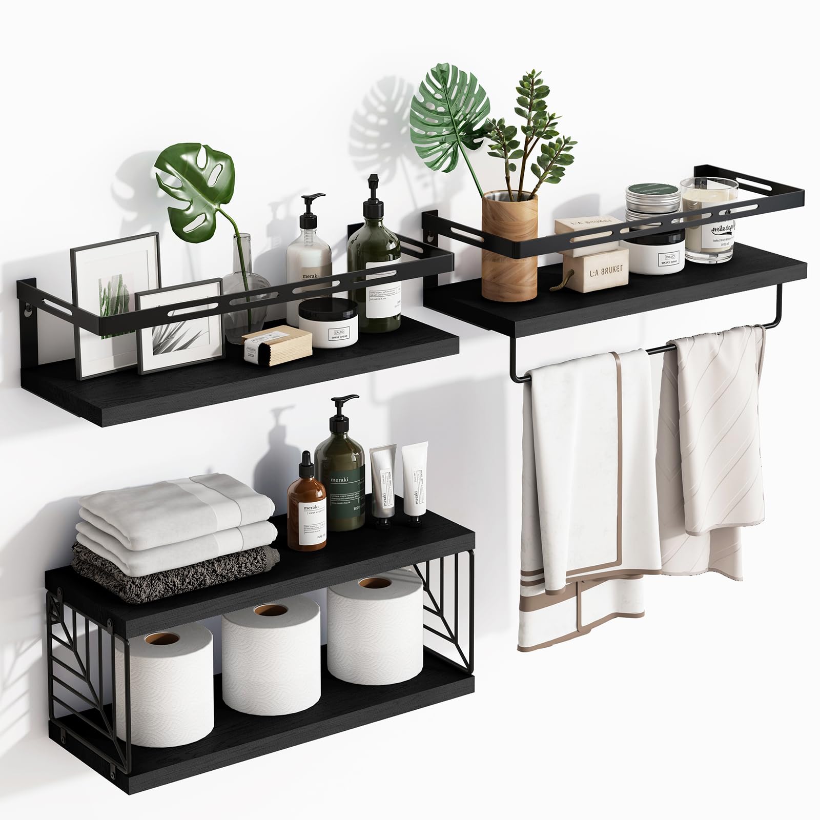 Fixwal 3+1 Tier Wall Mounted Bathroom Shelves Over Toilet, Rustic Wood Floating Shelves with Metal Frame and Towel Bar for Bathr
