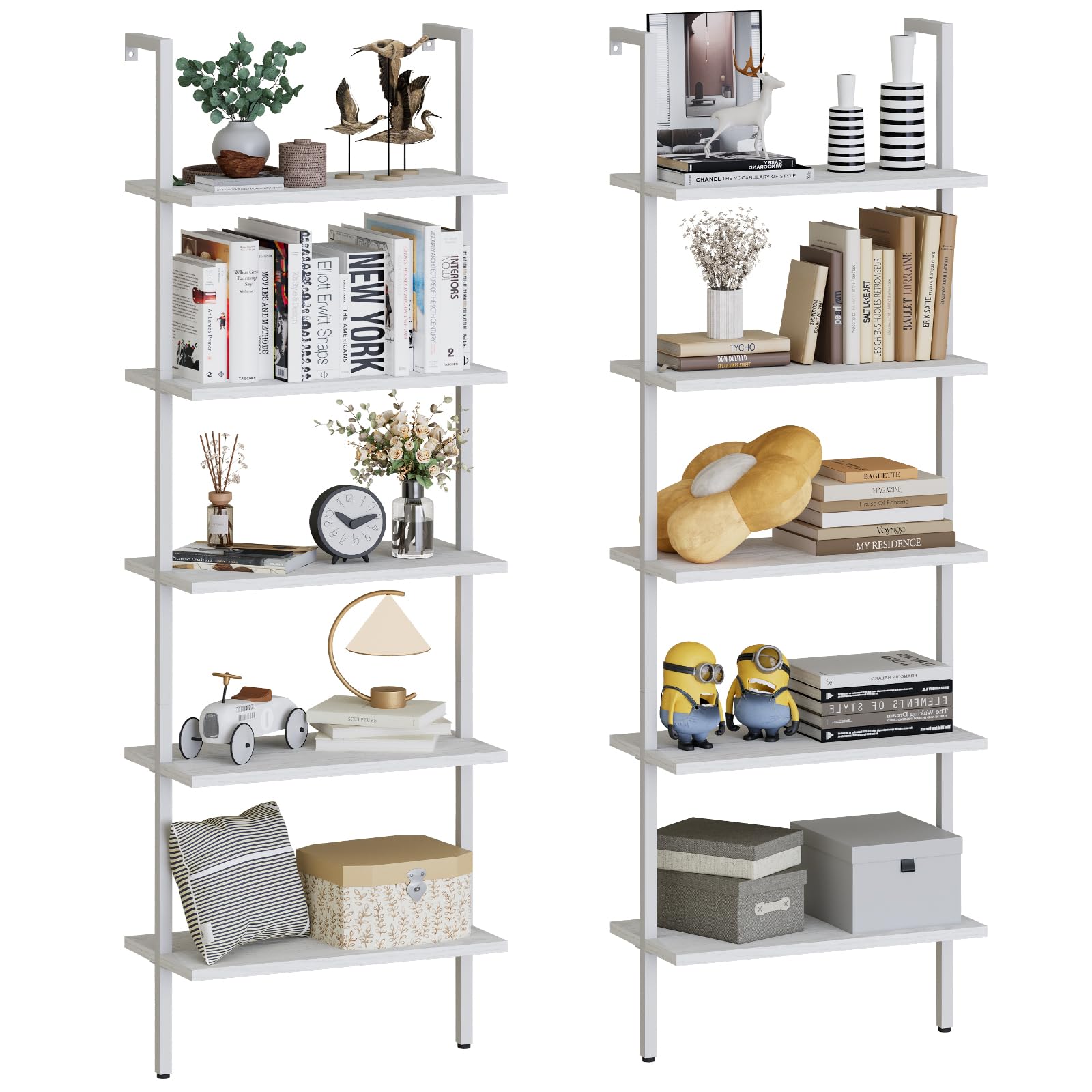 aboxoo Ladder Shelf 2 PCS White Bookshelf 5-Tier Wooden Open Shelf Wall-Mounted Wood Rack Industrial Modern Plant Flower Stand U