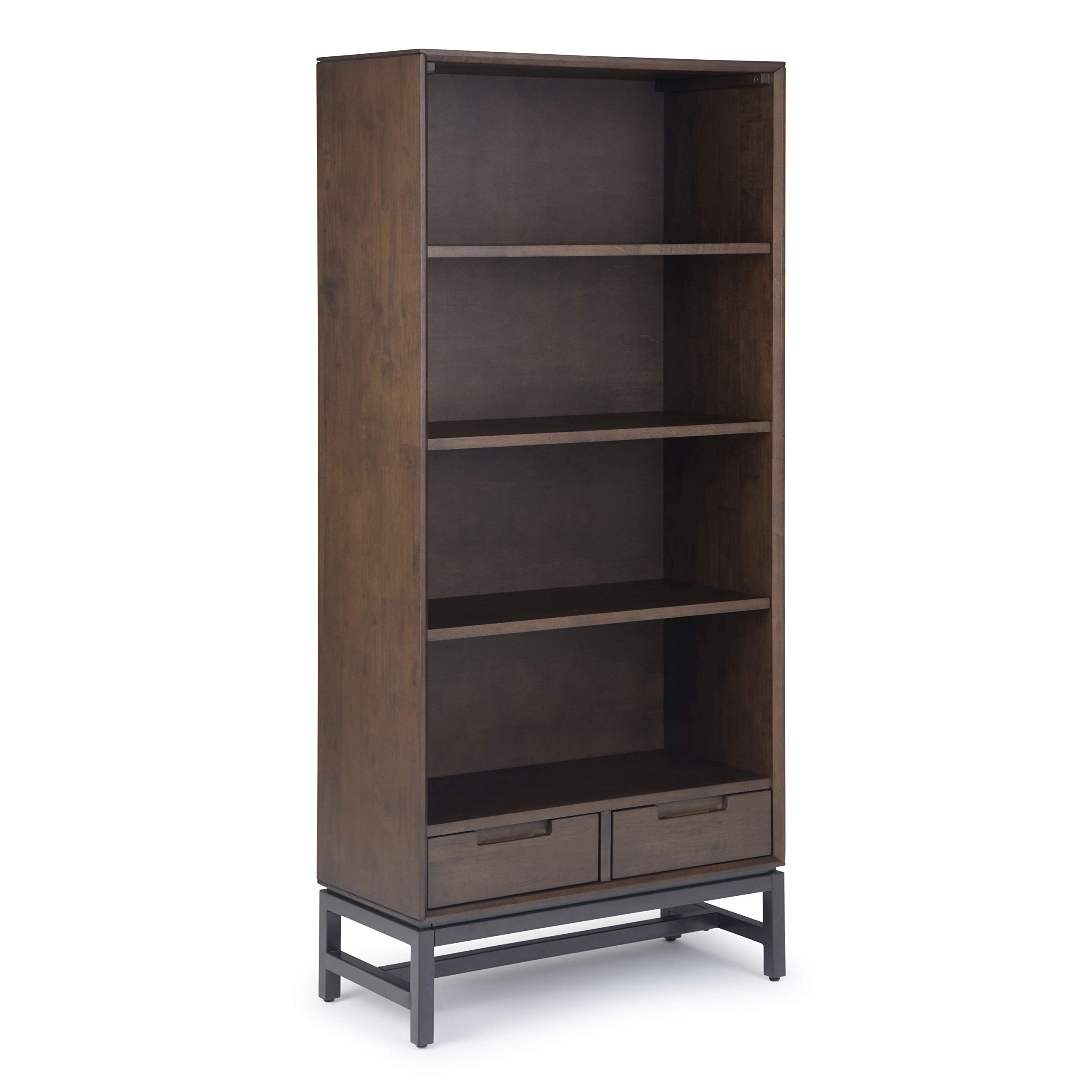 SIMPLIHOME Banting Bookcase - 66 inch Tall Solid Hardwood and Metal Bookshelf in Walnut Brown, Industrial Storage for Living Roo