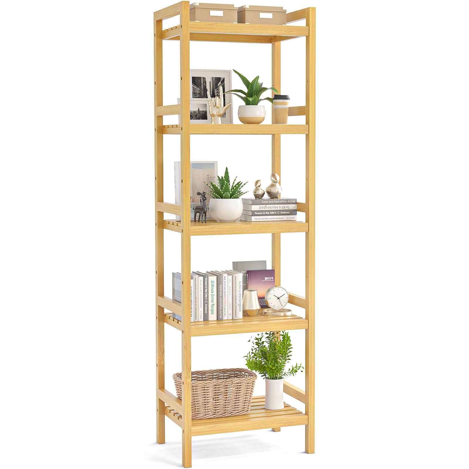 Homykic Bamboo Bookshelf, 5-Tier Narrow 55.9    Adjustable Book Shelf Bookcase Bathroom Shelves Freestanding Storage Stand for L