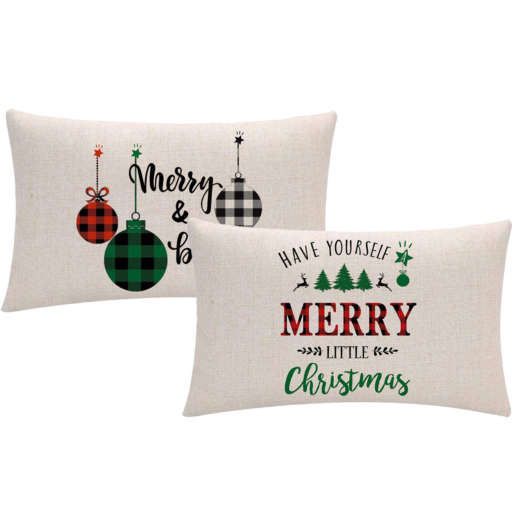 2Pack Christmas Throw Pillow Covers 12x 20 Inches Red Black Green Buffalo Check Plaids Xmas Trees /Christmas ball Holiday Decora