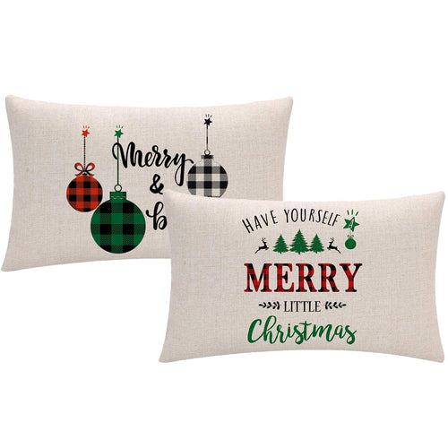 2Pack Christmas Throw Pillow Covers 12x 20 Inches Red Black Green Buffalo Check Plaids Xmas Trees /Christmas ball Holiday Decora