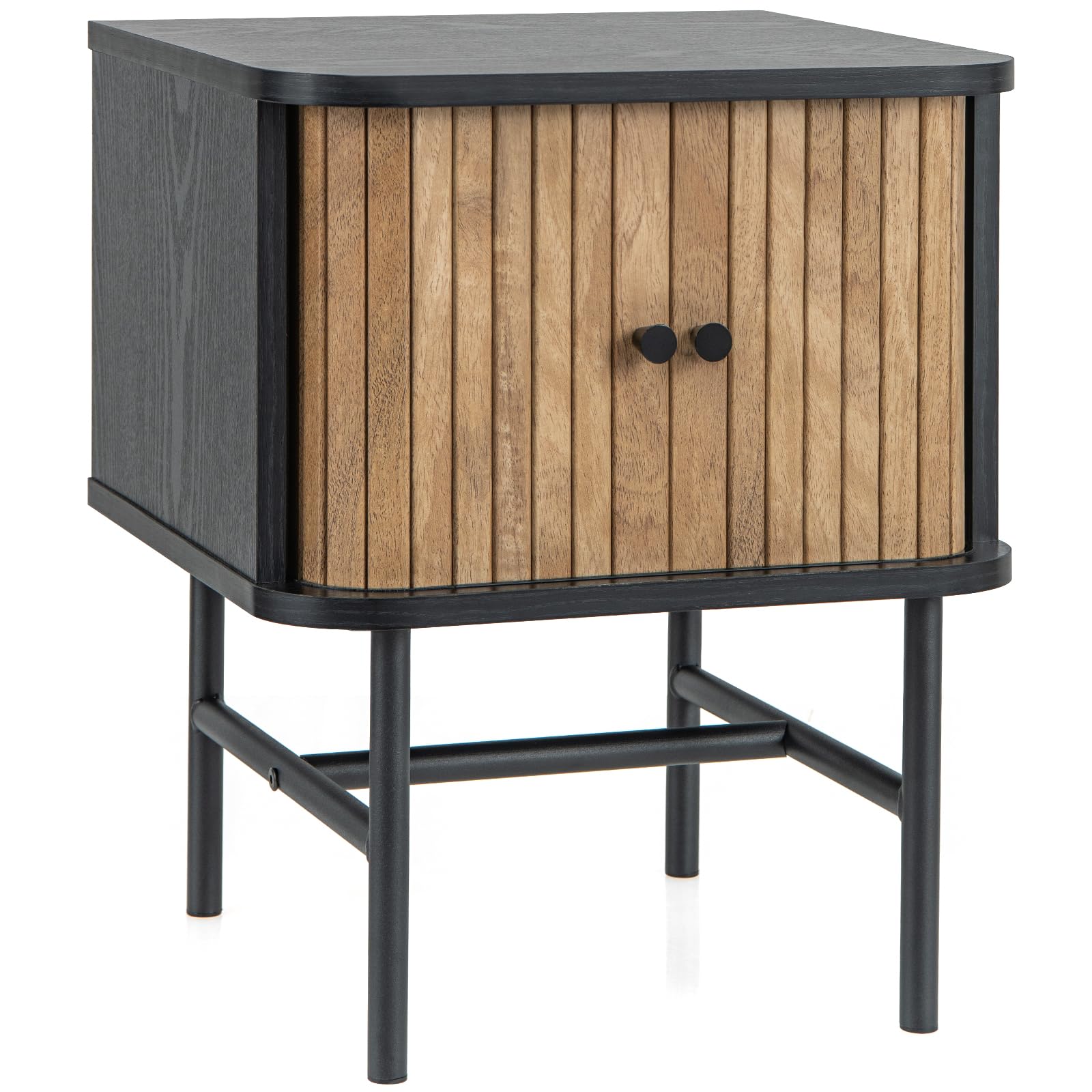 Giantex Mid-Century Modern Nightstand, Wood Bedside Table with Sliding Doors and 4 Metal Legs, Side Table with Storage Cabinet, 
