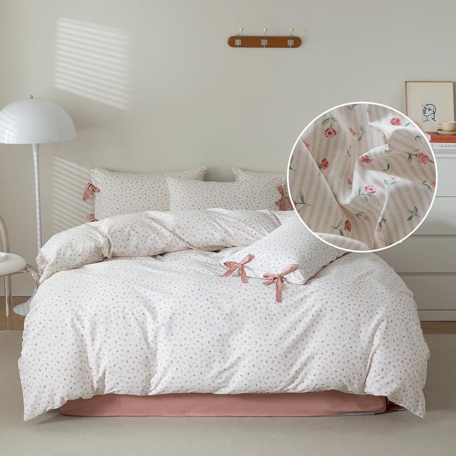 White Duvet Cover King Garden Style Pink Flower Duvet Cover 100% Cotton Floral Comforter Cover 1 King Duvet Cover with 2 Bow Tie