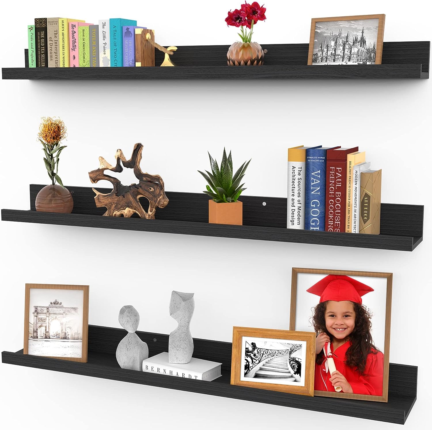 36 Inch Floating Shelves for Wall, Set of 3 in Ebony Black, Modern Rustic Style, Wall Mounted Display Shelves, Picture Ledges by
