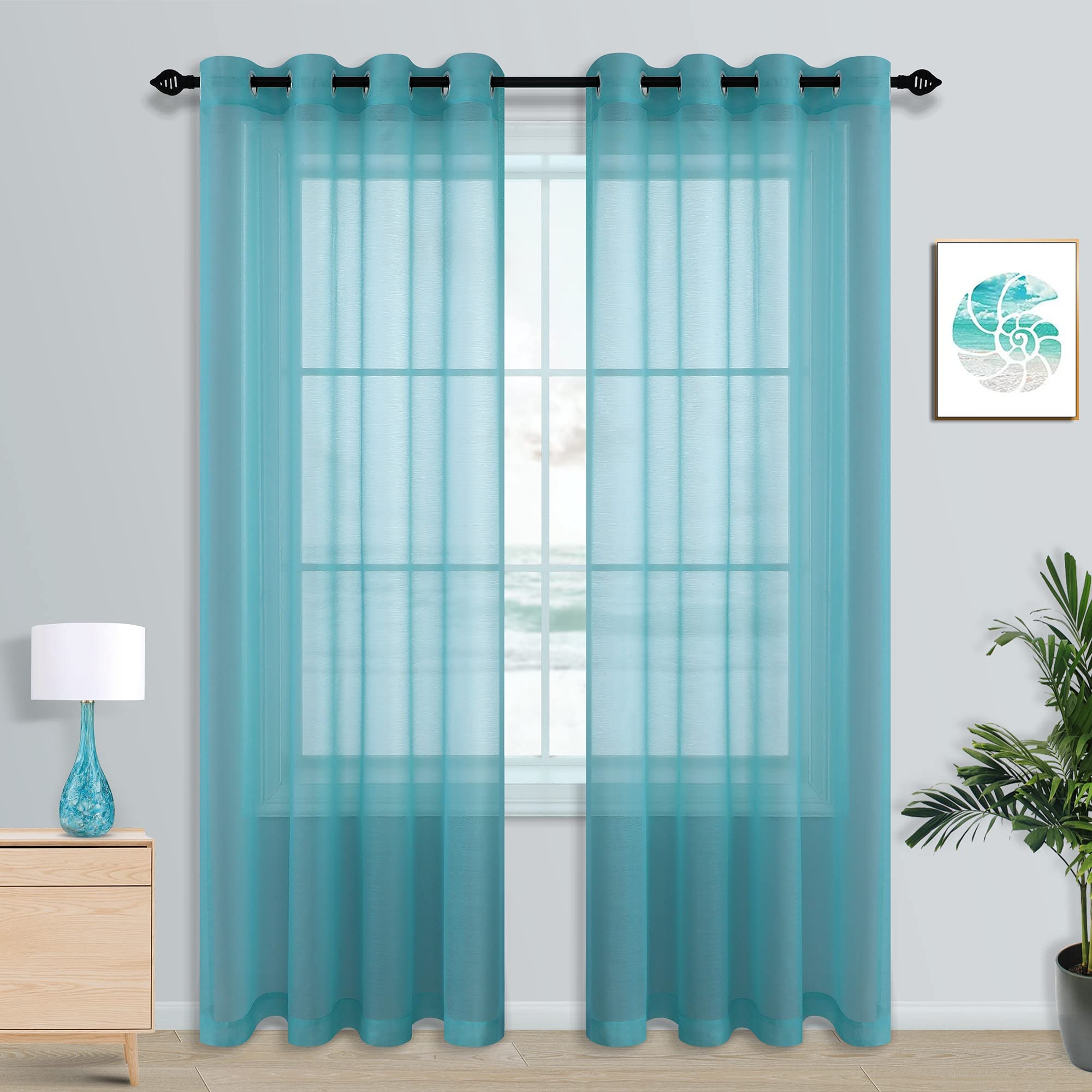 Summer Teal Curtains for Living Room 96 Inch Length Grommet Airy See Through Teal Blue Green Voile Sheer Curtains for Bedroom Pa