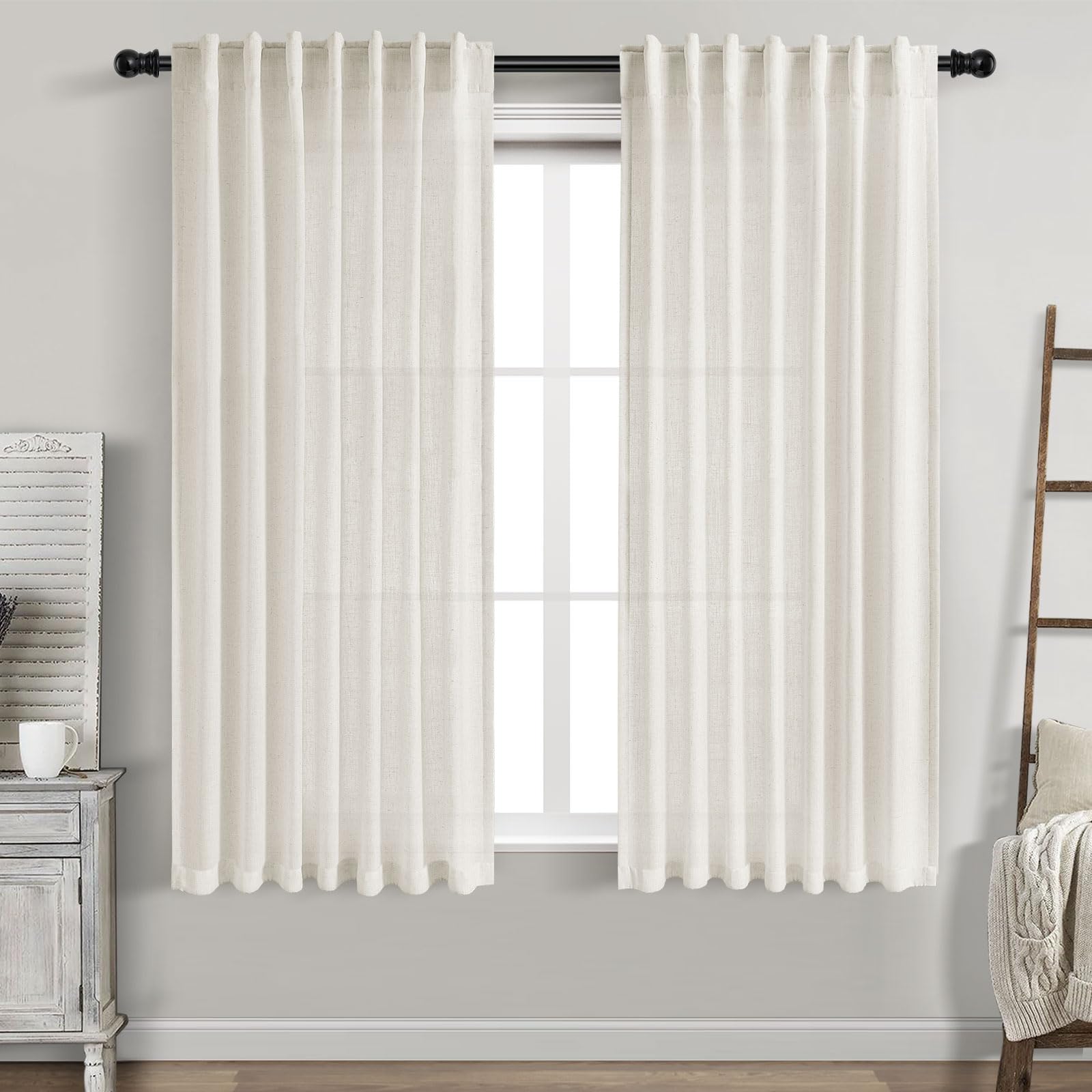 Neutral Semi Sheer Cream Linen Curtains 64 Inch Length 2 Panel Set Soft Airy Farmhouse Back Tab Rod Pocket Curtains for Bedroom 