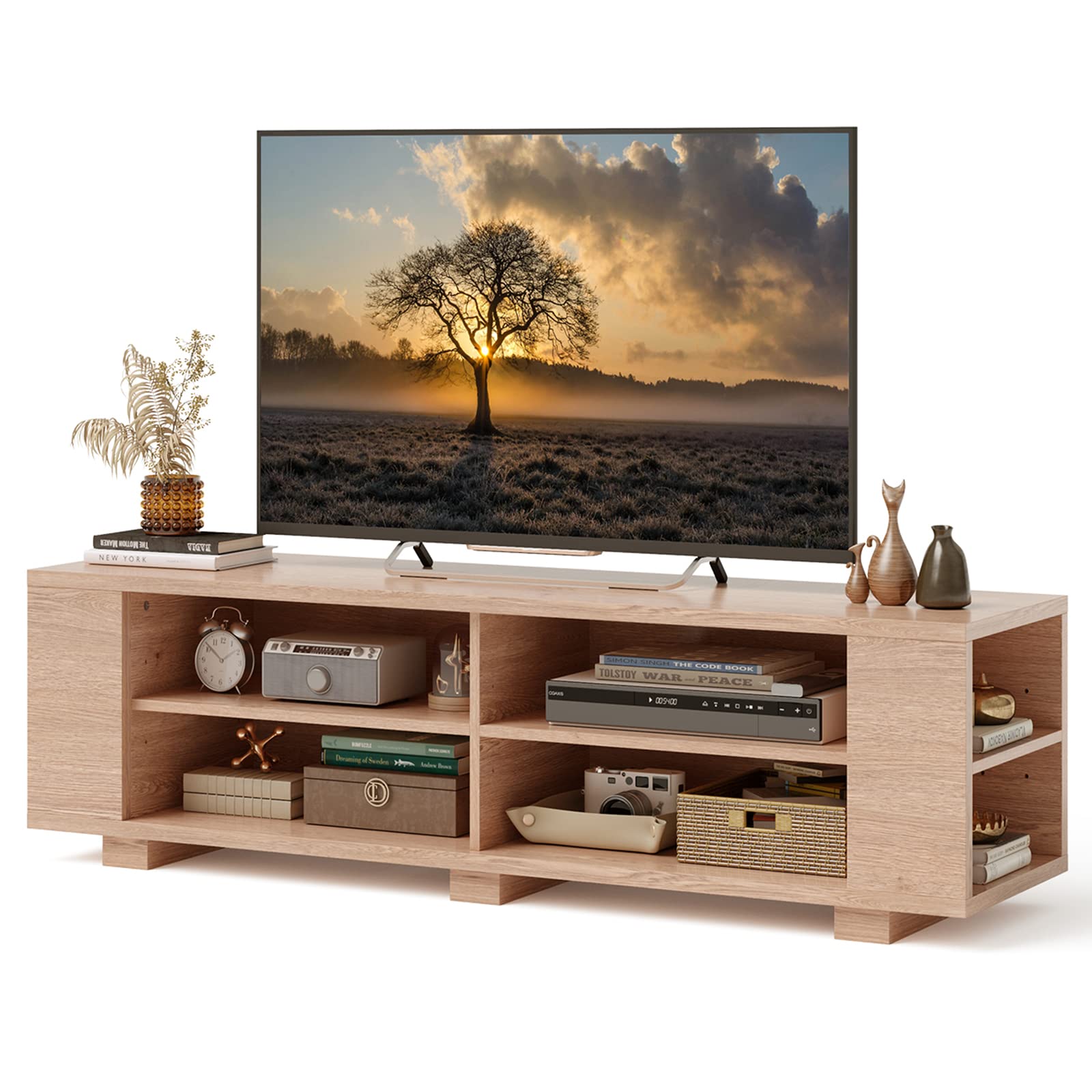 Tangkula Wood TV Stand for 65 Inch Flat Screen, Modern Entertainment Center With 8 Open Shelves, Farmhouse Storage Cabinet for L