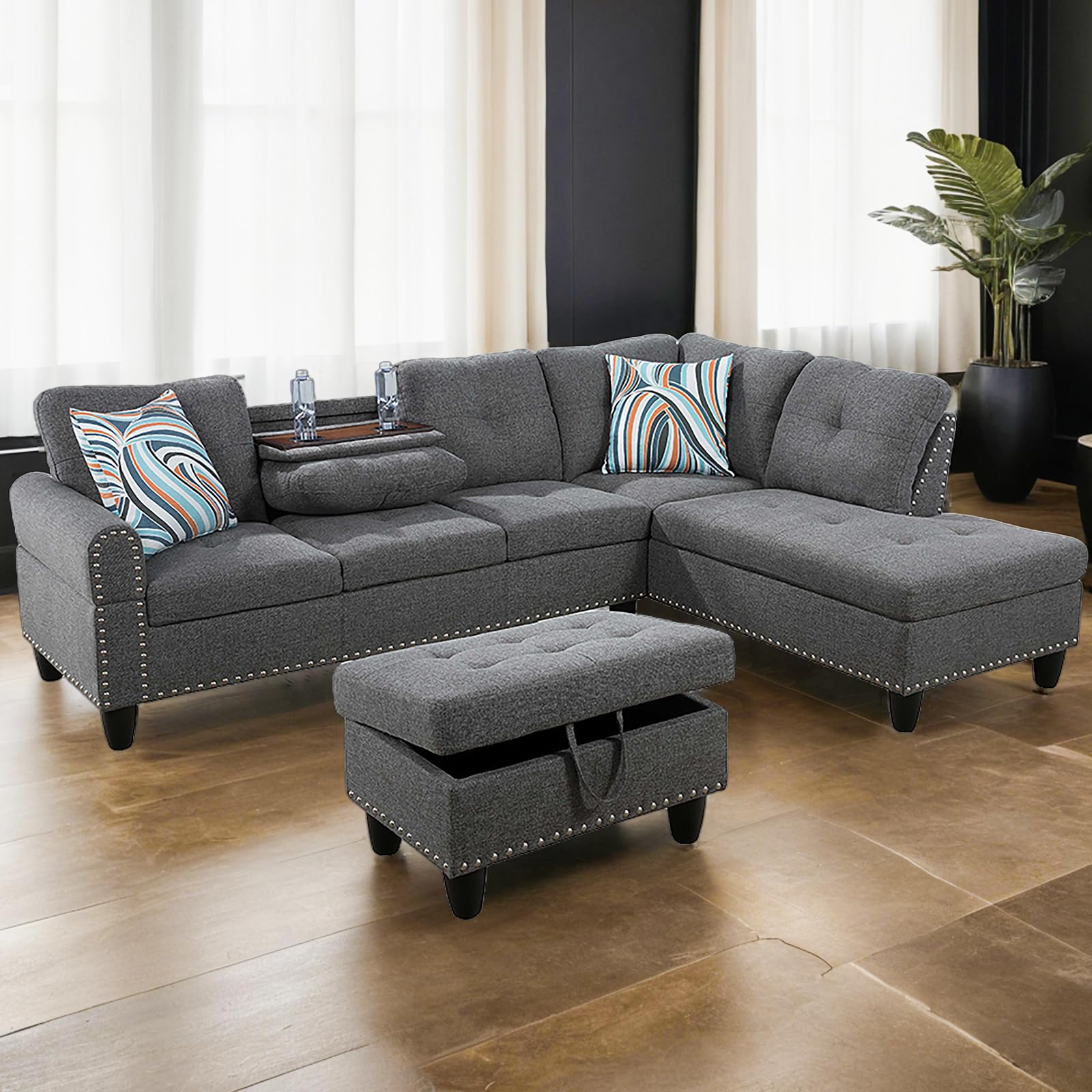 GlasFlength L Shaped Sectional Sofa with Ottoman, Nail-Head Design Linen Right Facing Modern Couches with Cup Holder for Living 