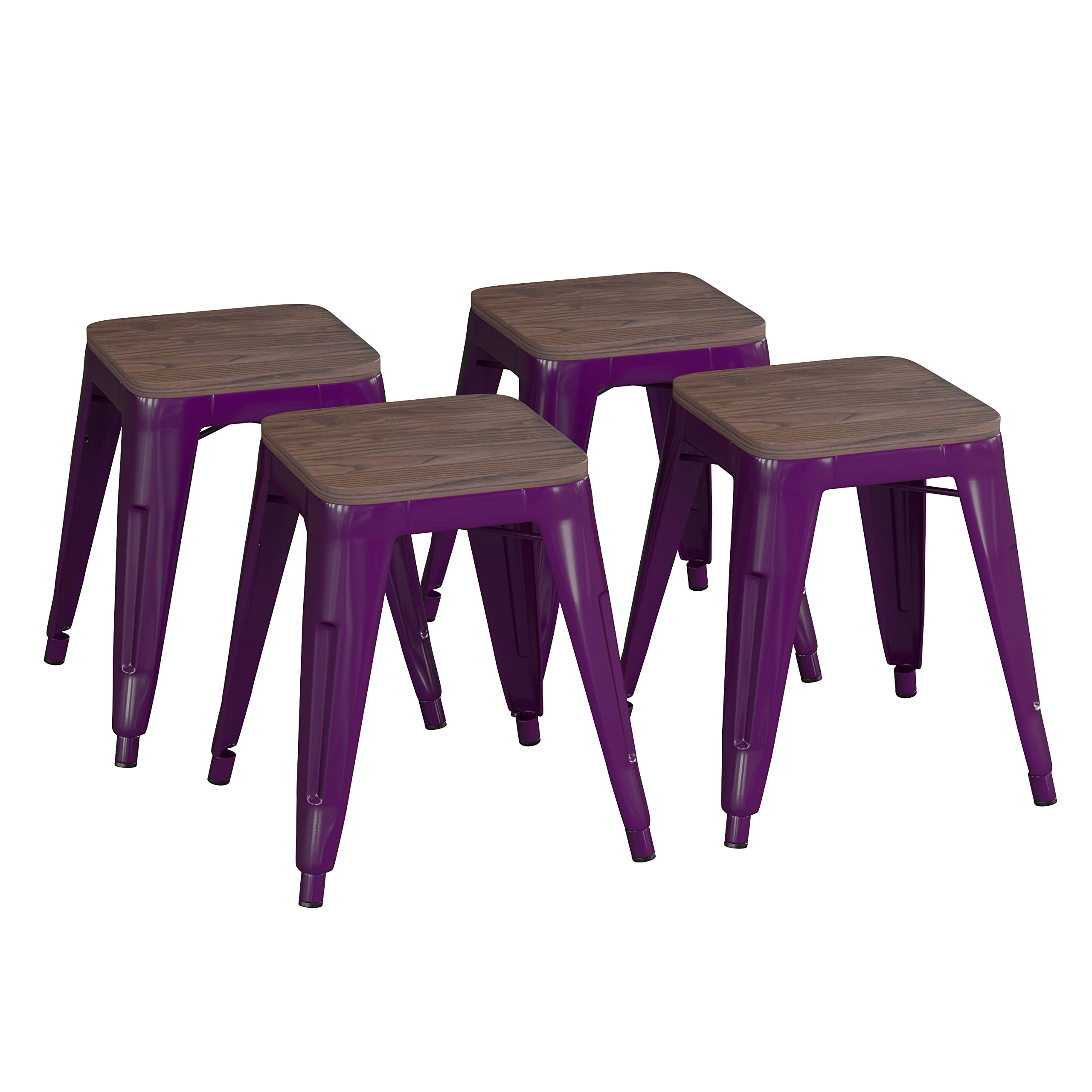 Flash Furniture Metal Dining Table Height Stool with Wooden Seat Set of 4 - Backless Purple Kai Commercial Grade Stool - Kai 18 