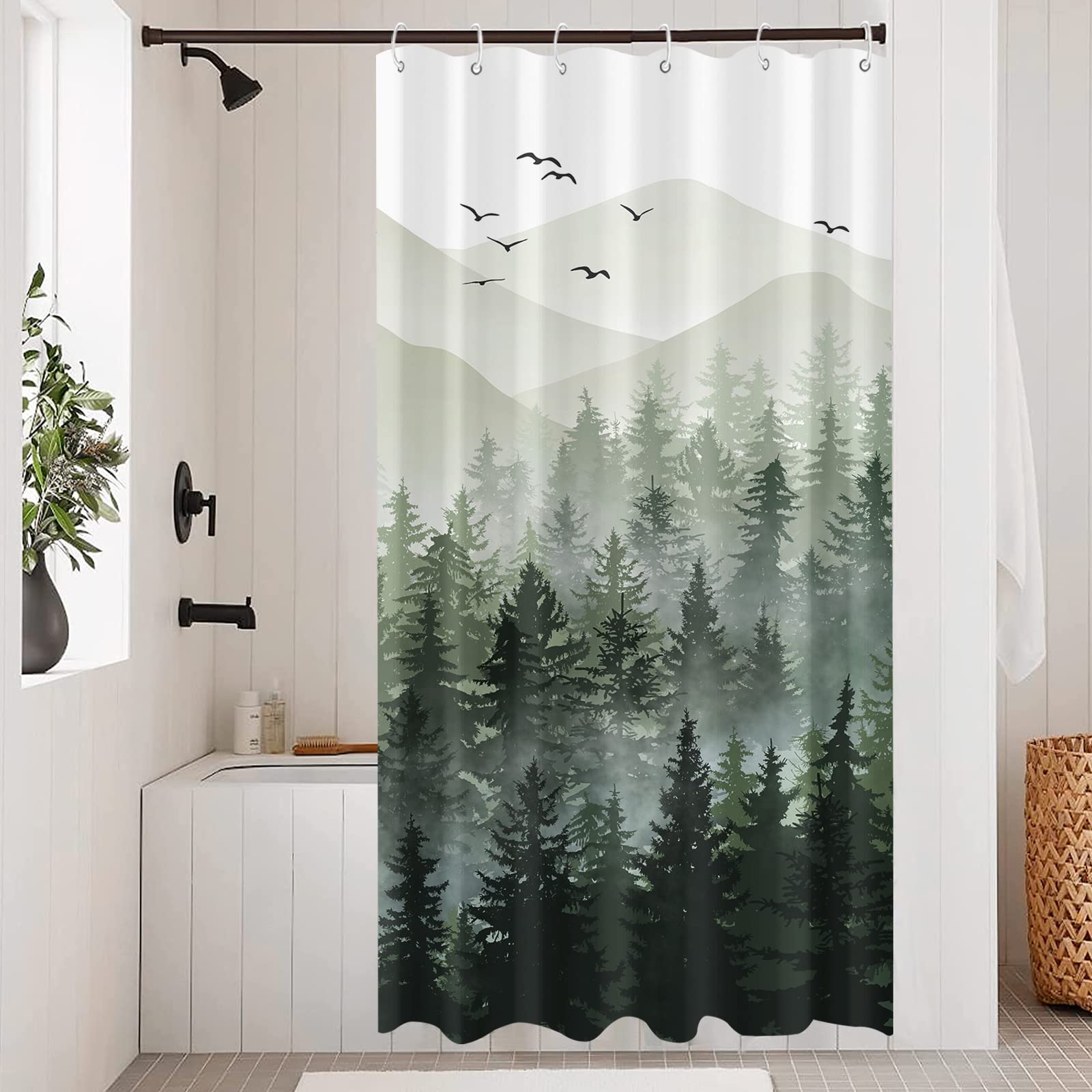 Accnicc Stall Small Sage Green White Misty Forest Shower Curtain Ombre Mountain Pine Tree Waterproof Fabric Shower Curtains for 
