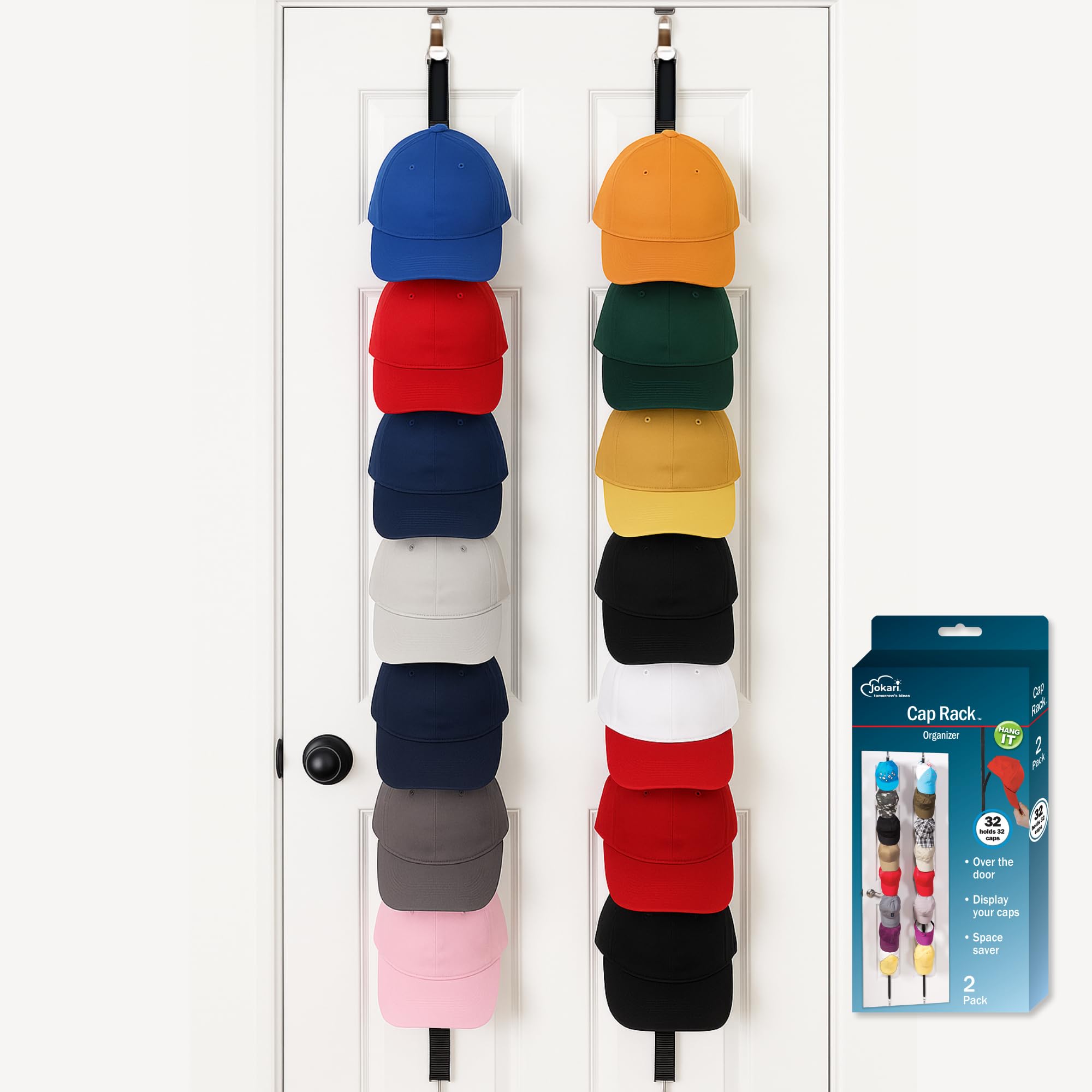 Jokari Over-The-Door Hat Rack Organizer 4 Pack - Holds Up to 32 Baseball Caps, Snapbacks, Visors - Adjustable Door Hat Storage w