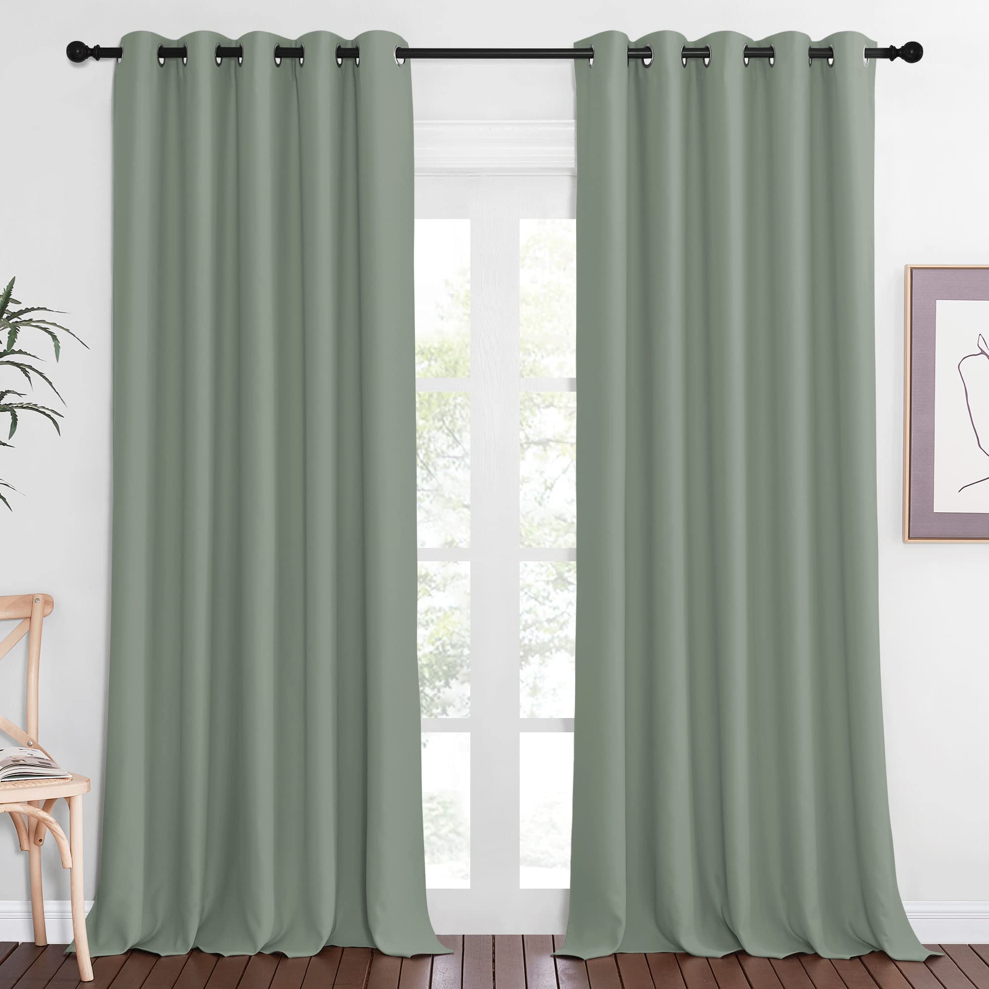 NICETOWN Blackout Sage Green Curtain 90 inch Length for Bedroom - Thermal Insulated Grommet Room Darkening Window Drape Sound Da