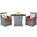 Tangkula 3 Pieces Patio Dining Set, Patiojoy Space-Saving PE Rattan Bistro Set with Tempered Glass Top Table and Cushioned Chair