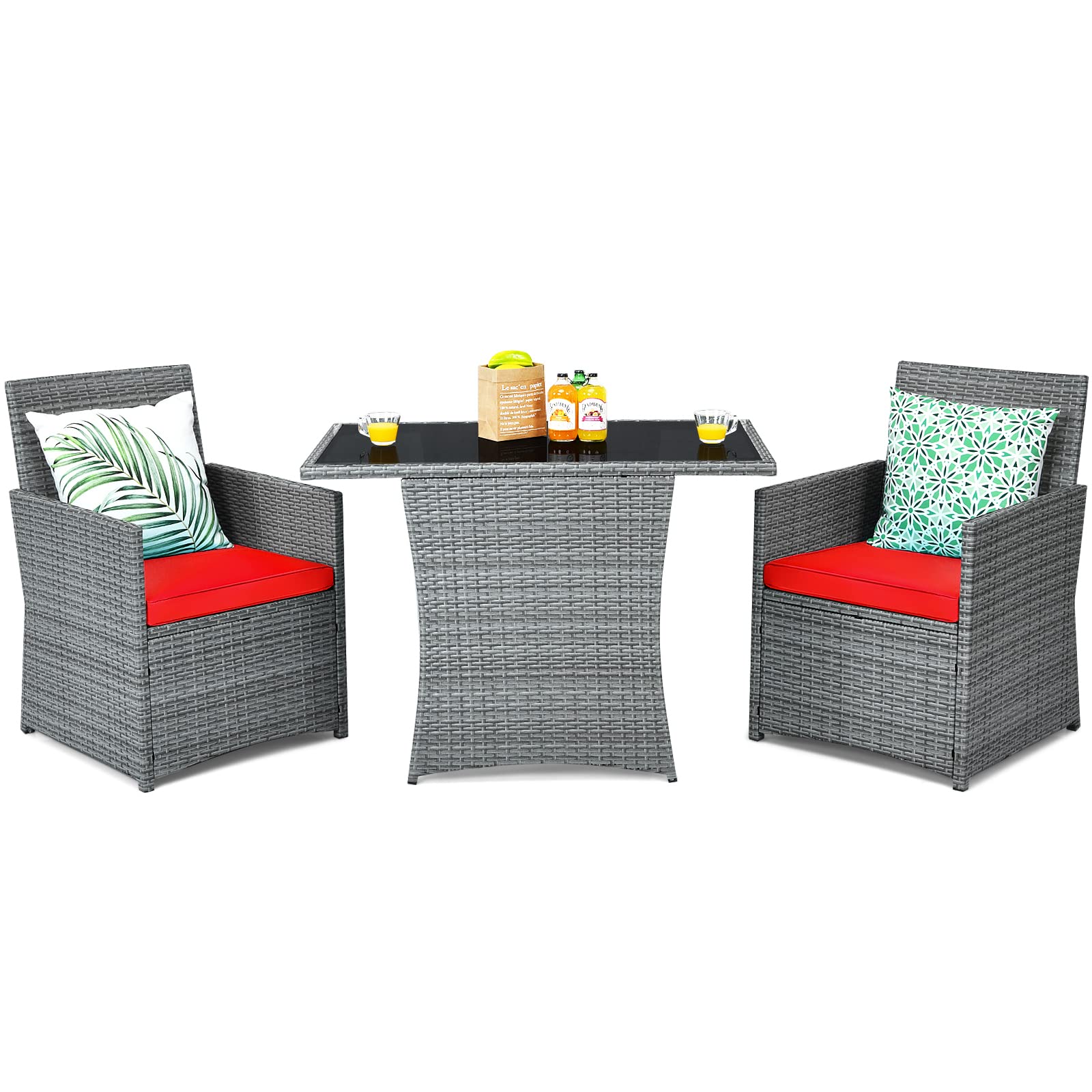 Tangkula 3 Pieces Patio Dining Set, Patiojoy Space-Saving PE Rattan Bistro Set with Tempered Glass Top Table and Cushioned Chair