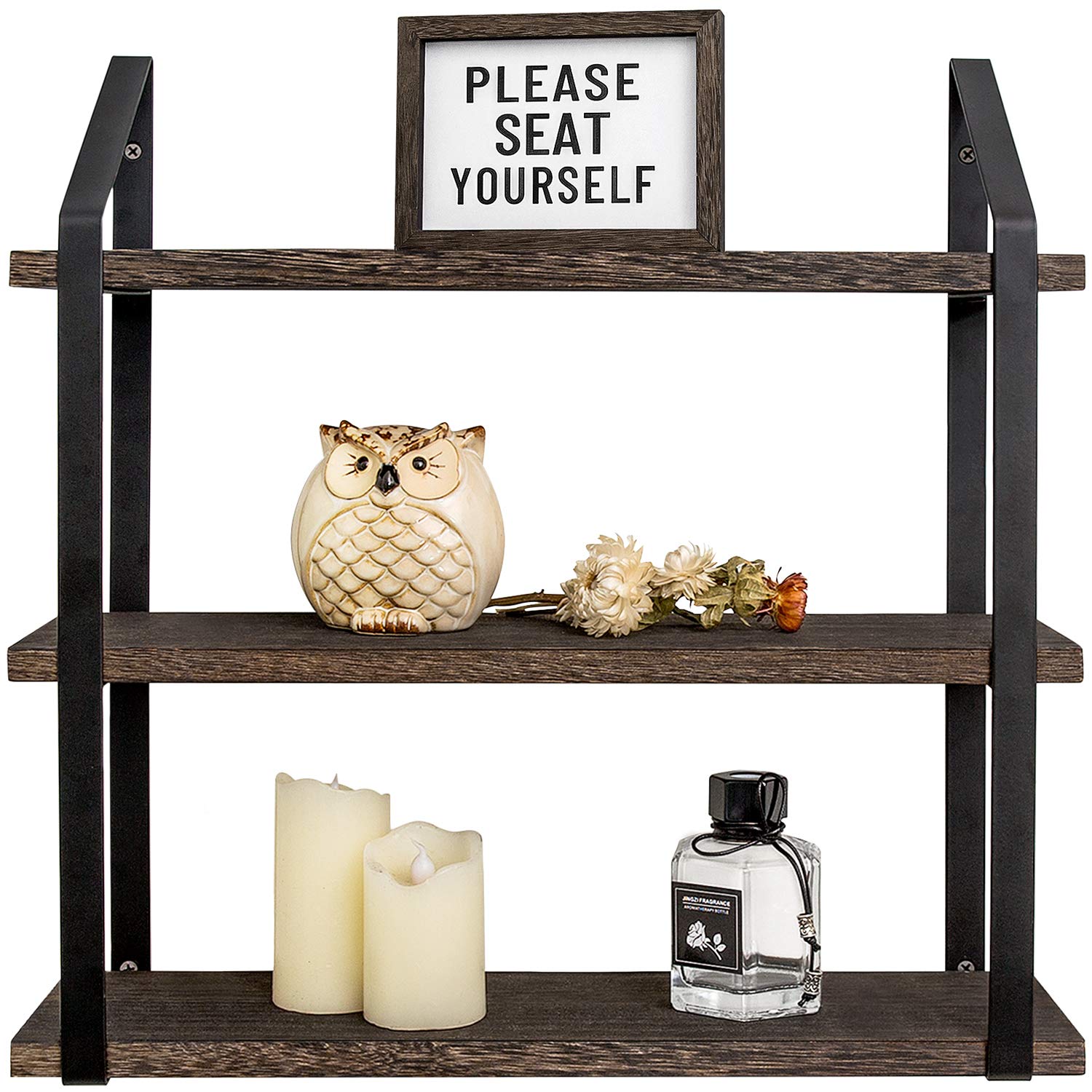 Mkono Floating Wall Shelves 3 Tier 17 Inch Rustic Hanging Shelf with Metal Bracket Wall Mount Wood Storage Display Shelves for L