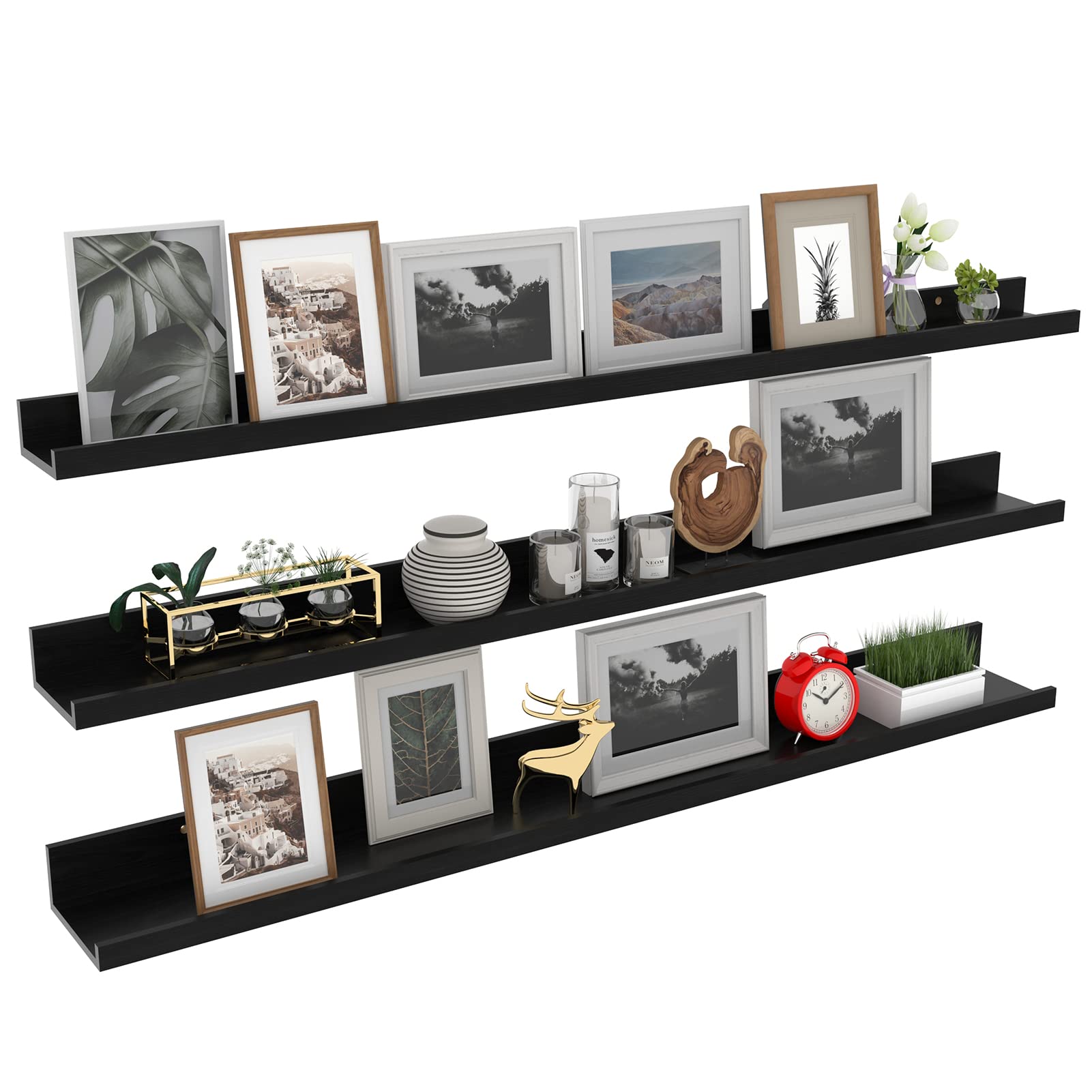 Giftgarden 47 Inch Black Floating Shelves Ledge, Wall Mount Long Picture Rail Large Woodgrain Photo Shelving for Living Room Bed