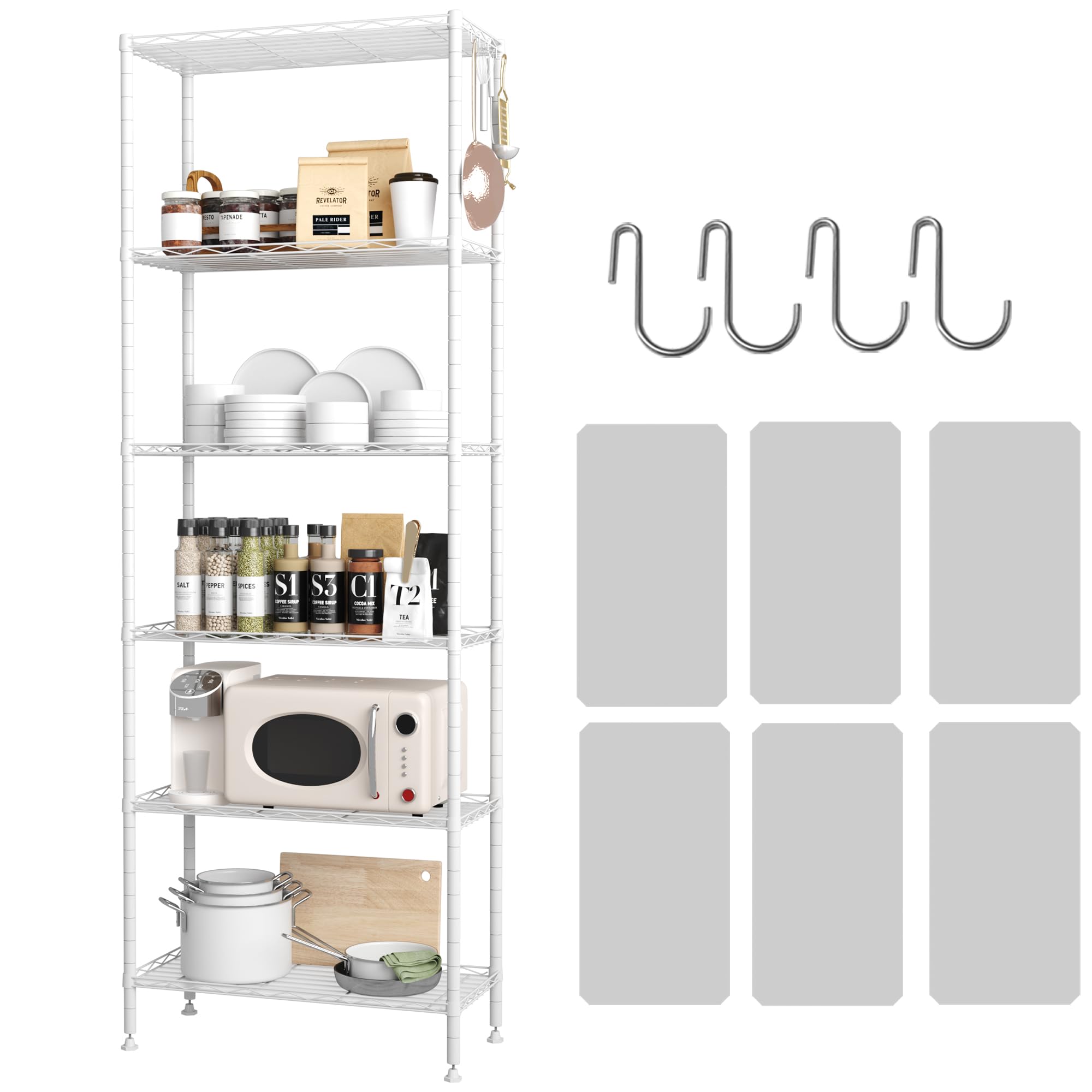 HOMEFORT 6-Shelving Unit, Adjustable Wire Shelving, Metal Wire Shelf with Shelf Liners and Hooks for Kitchen, Closet, Bathroom, 