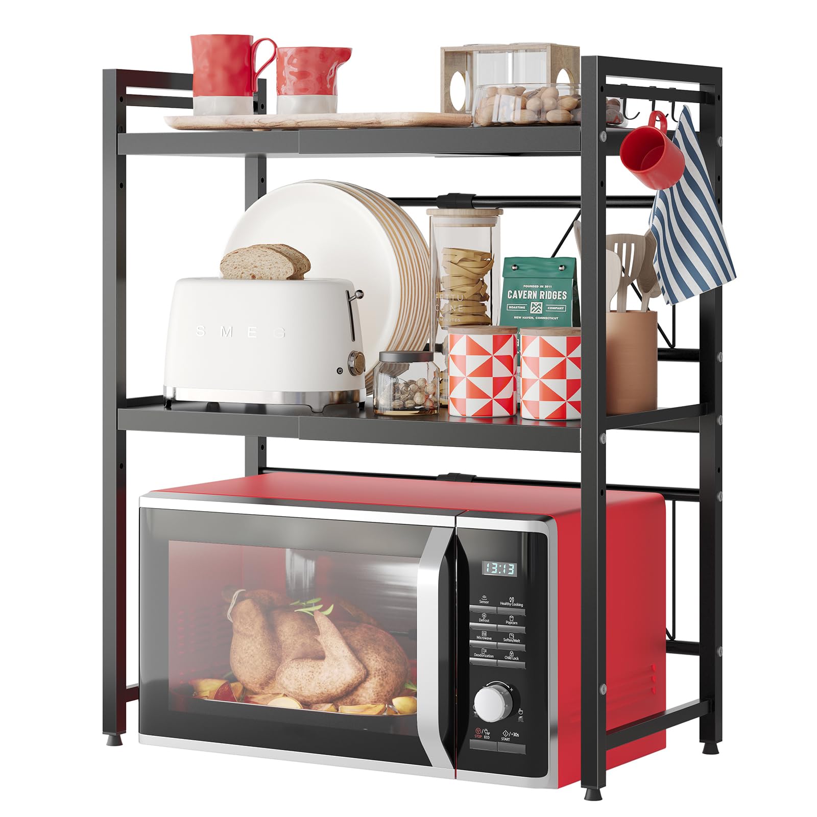 NETEL Expandable Microwave Stand,3 Tier Metal Kitchen Countertop Organizer Shelves with 8 Hooks,Bakers Rack,Microwave Shelf,Micr