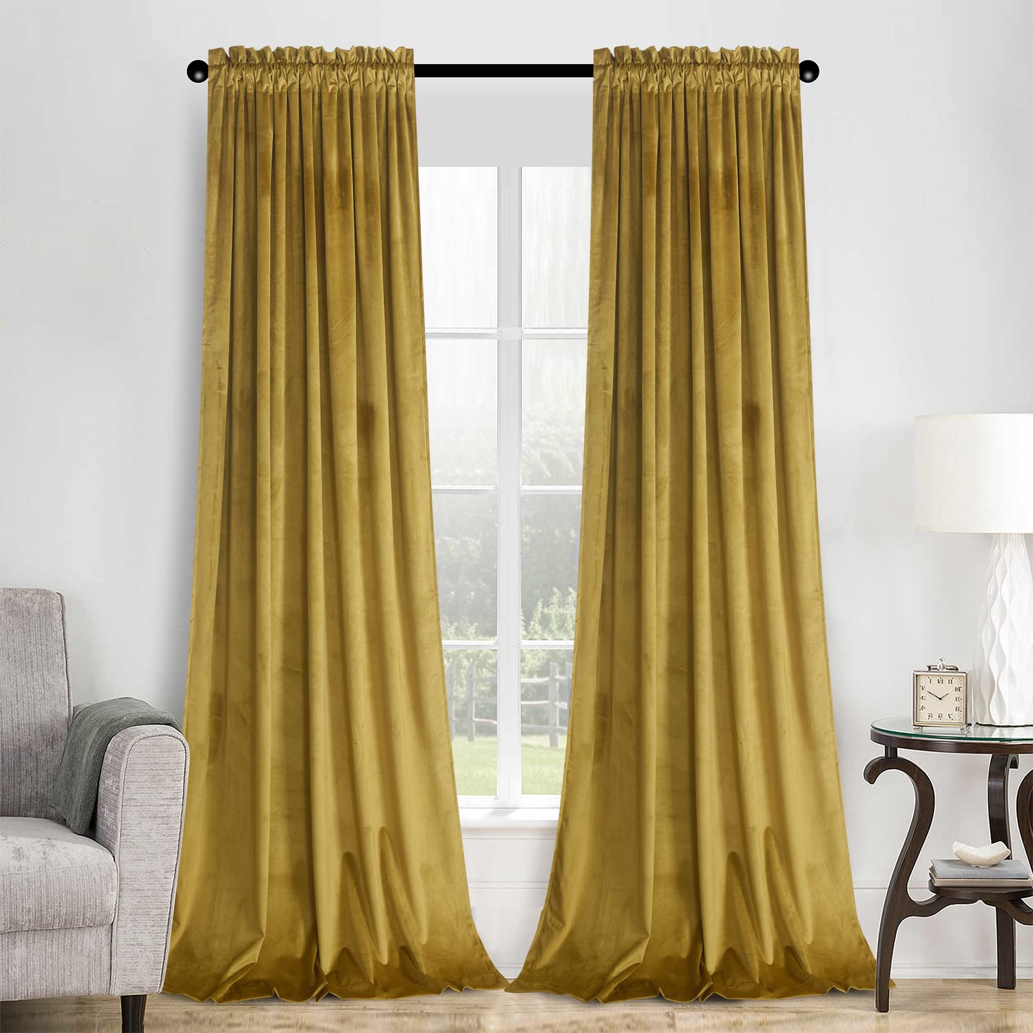 Roslynwood Gold Brown Velvet Curtains for Bedroom, Black Room Darkening Thermal Insulated Window Curtain Drapes for Living Room/