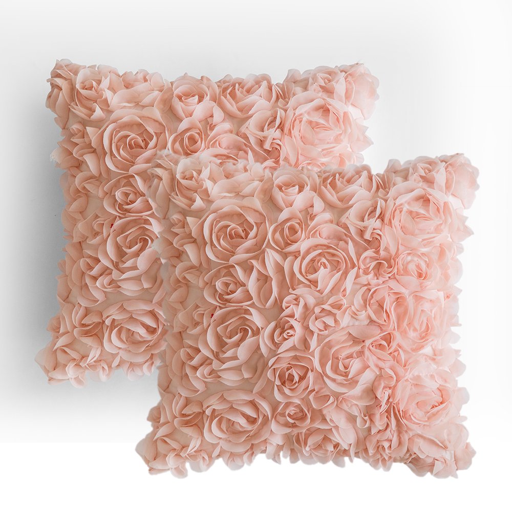 MIULEE Pack of 2 3D Decorative Spring Romantic Stereo Chiffon Rose Flower Pillow Covers Solid Square Pillowcases for Valentines 