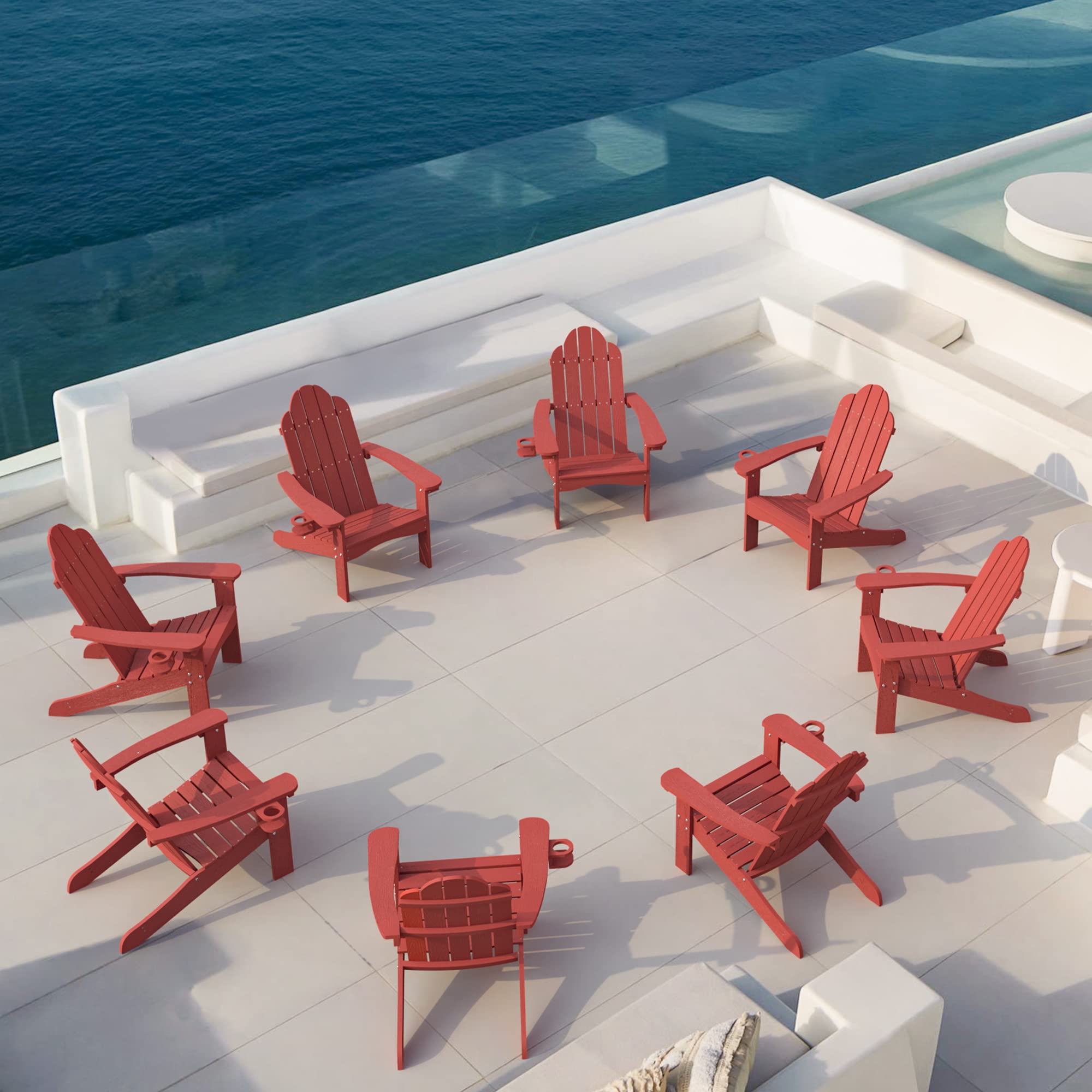 LUE BONA HDPS Adirondack Chairs Set of 8, Red Adirondack Chairs with Cup Holder, 300lbs Modern Adirondack Chair Weather Resistan