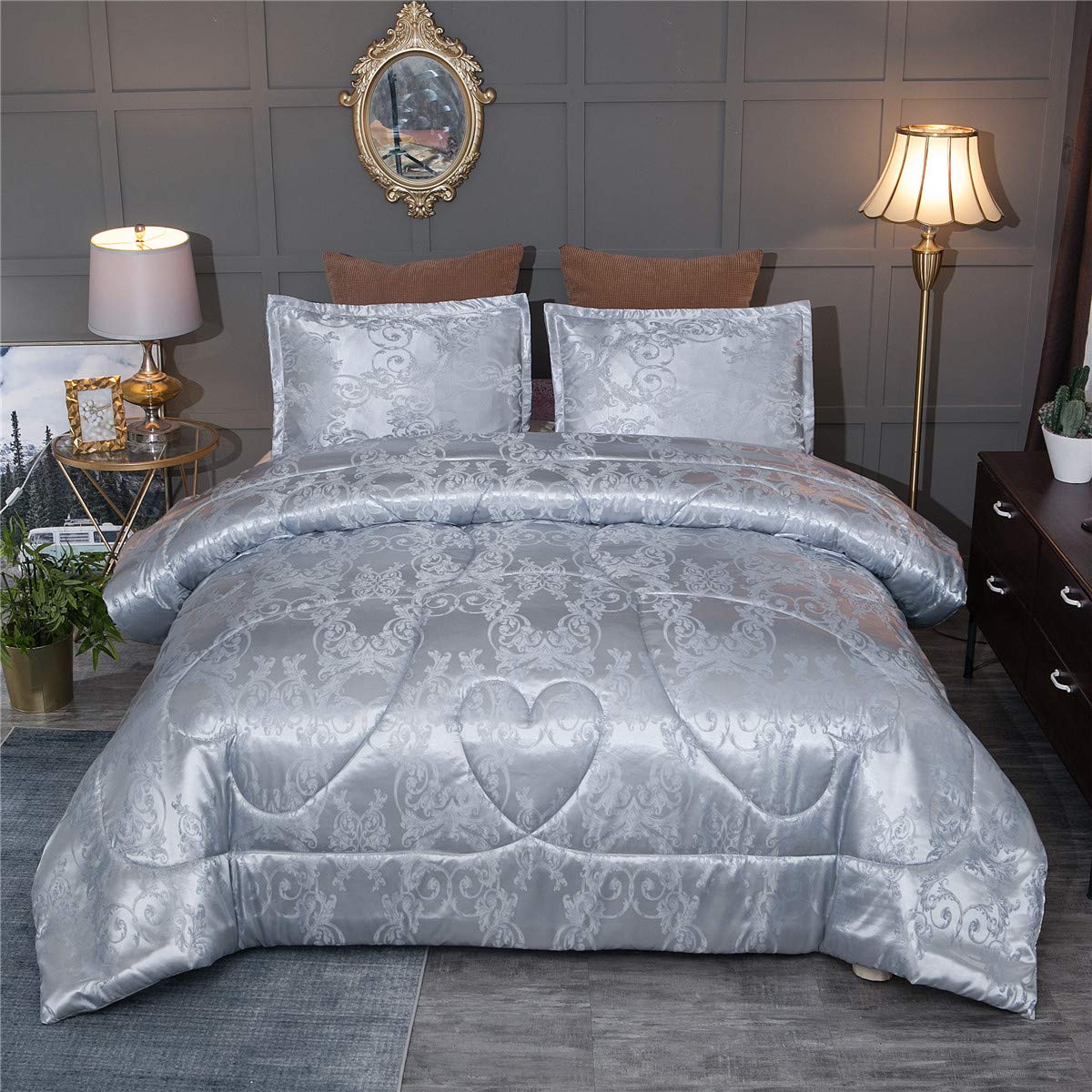 Raytrue-X Grey Queen Size Comforter Sets All Season Silver Bedding Lightweight Comforter for Queen Bed Silk Quilt Microfiber Com