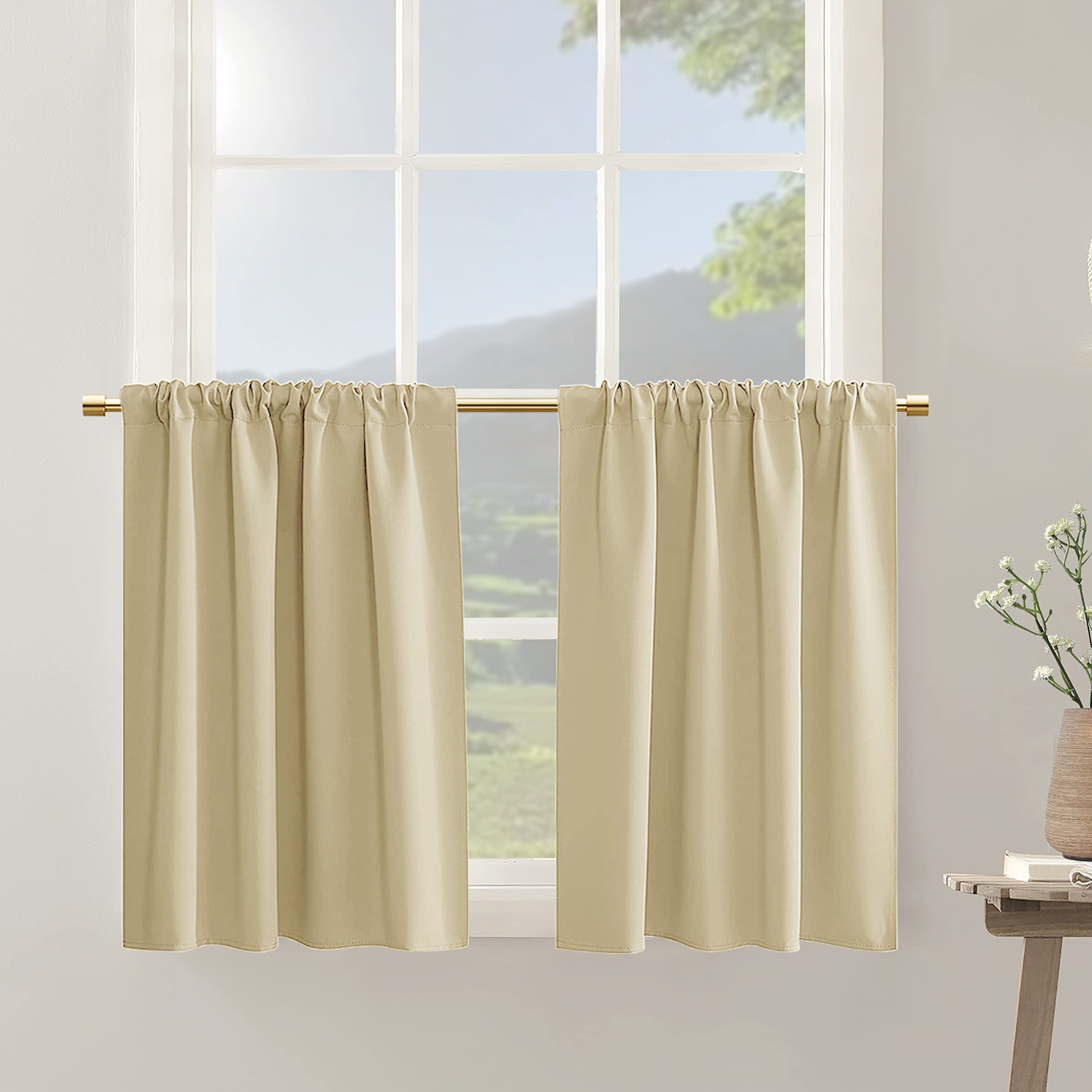 PANELSBURG 36 Inch Beige Vintage Cafe Curtains for Kitchen Window,Small Tan Blackout Curtains for Rustic Bathroom Set