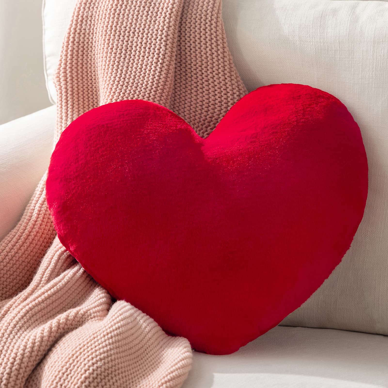 Ashler Valentines Day Red Heart Shaped Throw Pillows, Faux Fur Rabbit 3D Fluffy Heart Throw Decorative Pillows, Cute Plush Soft