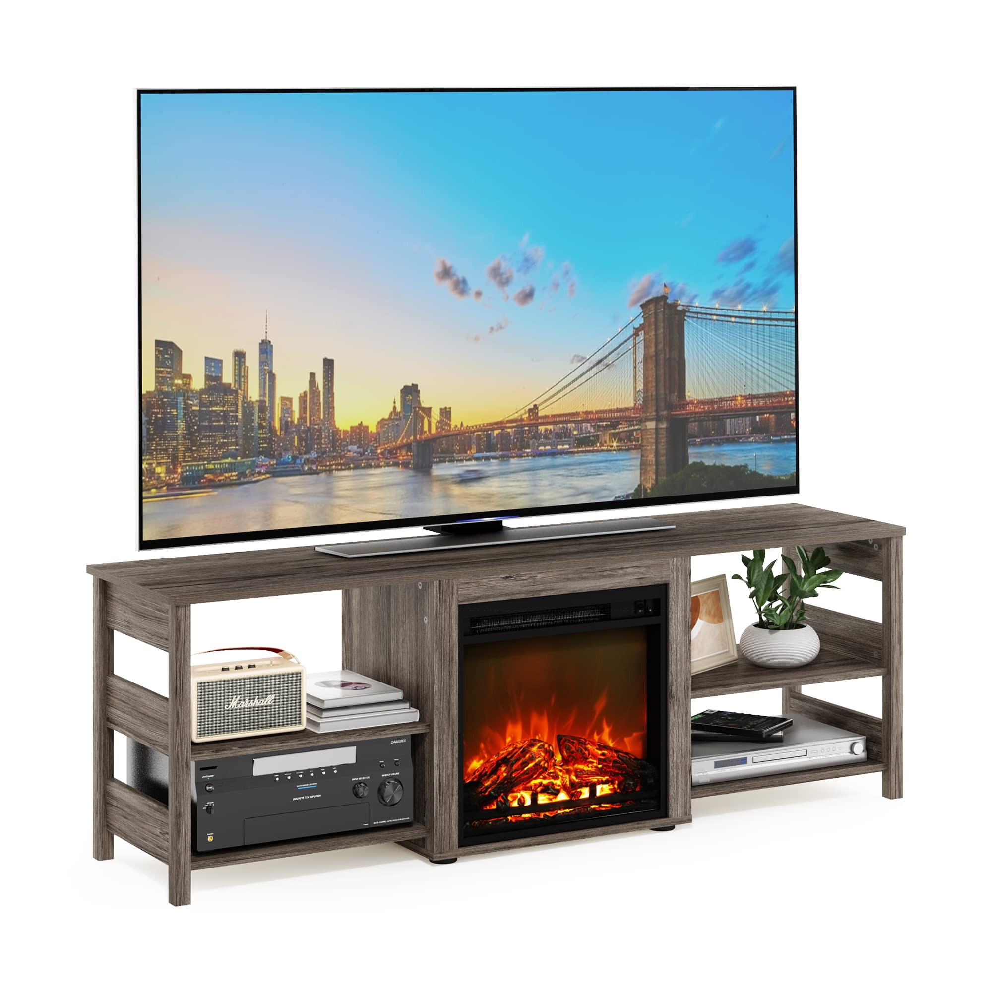 Furinno Classic 70 Inch TV Stand with Fireplace, Rustic Oak