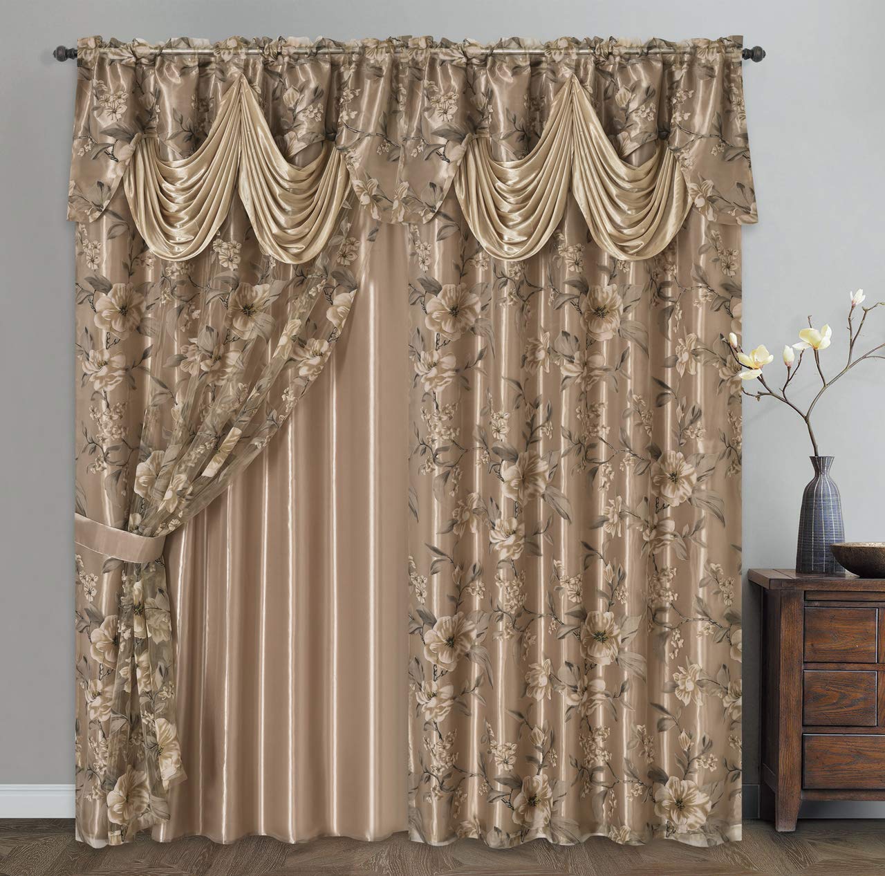 GOHD Roman Romance. Burnt-Out Printed Organza Window Curtain Panel Drape with Attached Fancy Valance and Taffeta Backing (Sand, 