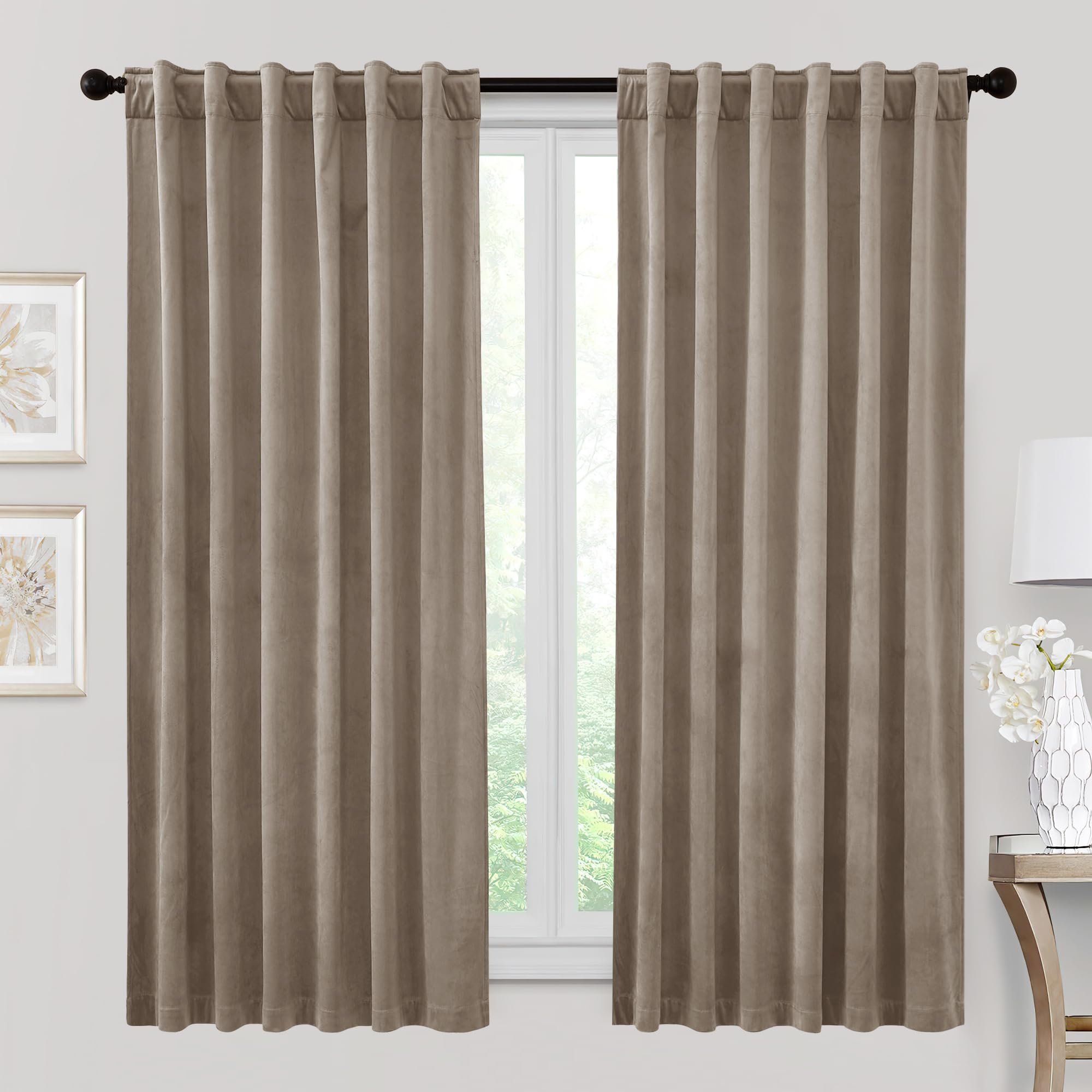 RYB HOME 72 inches Velvet Curtains for Farmhouse - Earth Tone Privacy Blackout Energy Efficient Window Treatment for Home Office